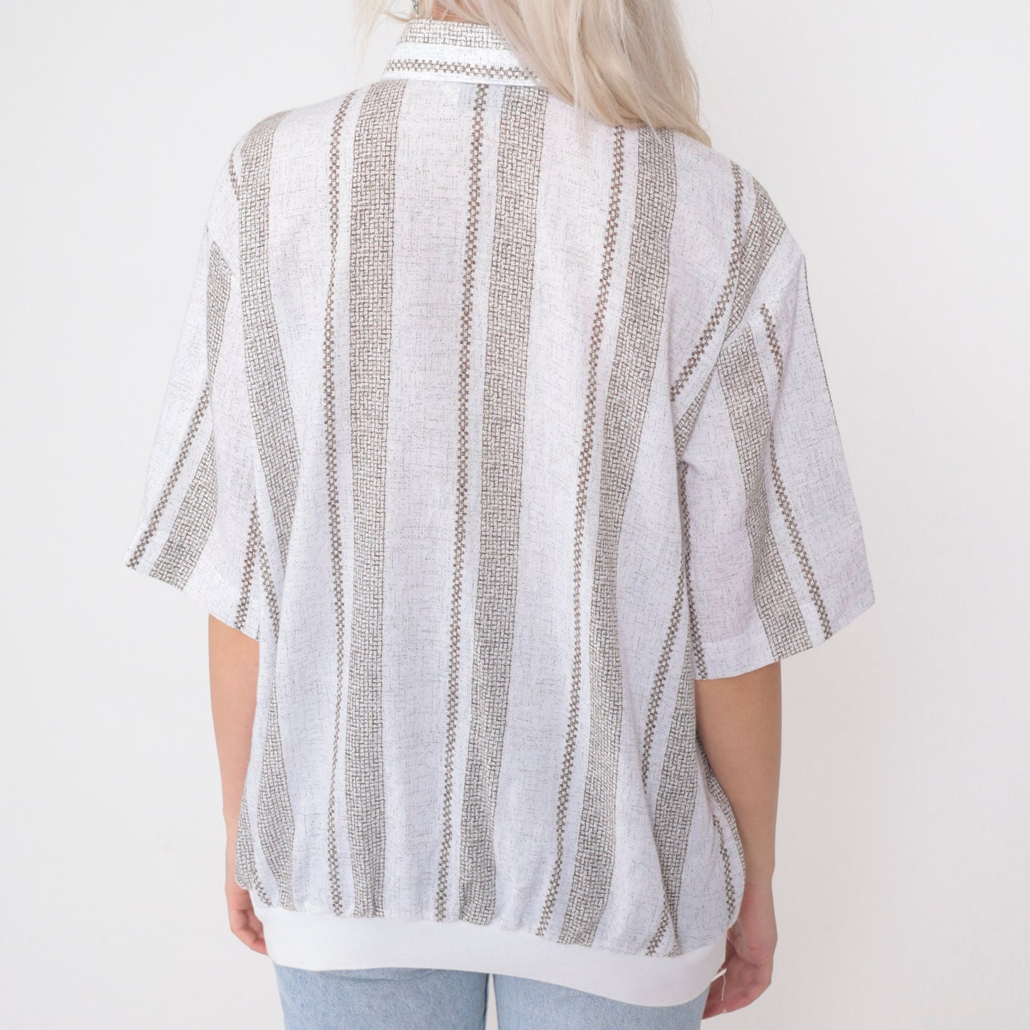 90s D'Accord Polo Shirt White Brown Checkered Striped Collared Large