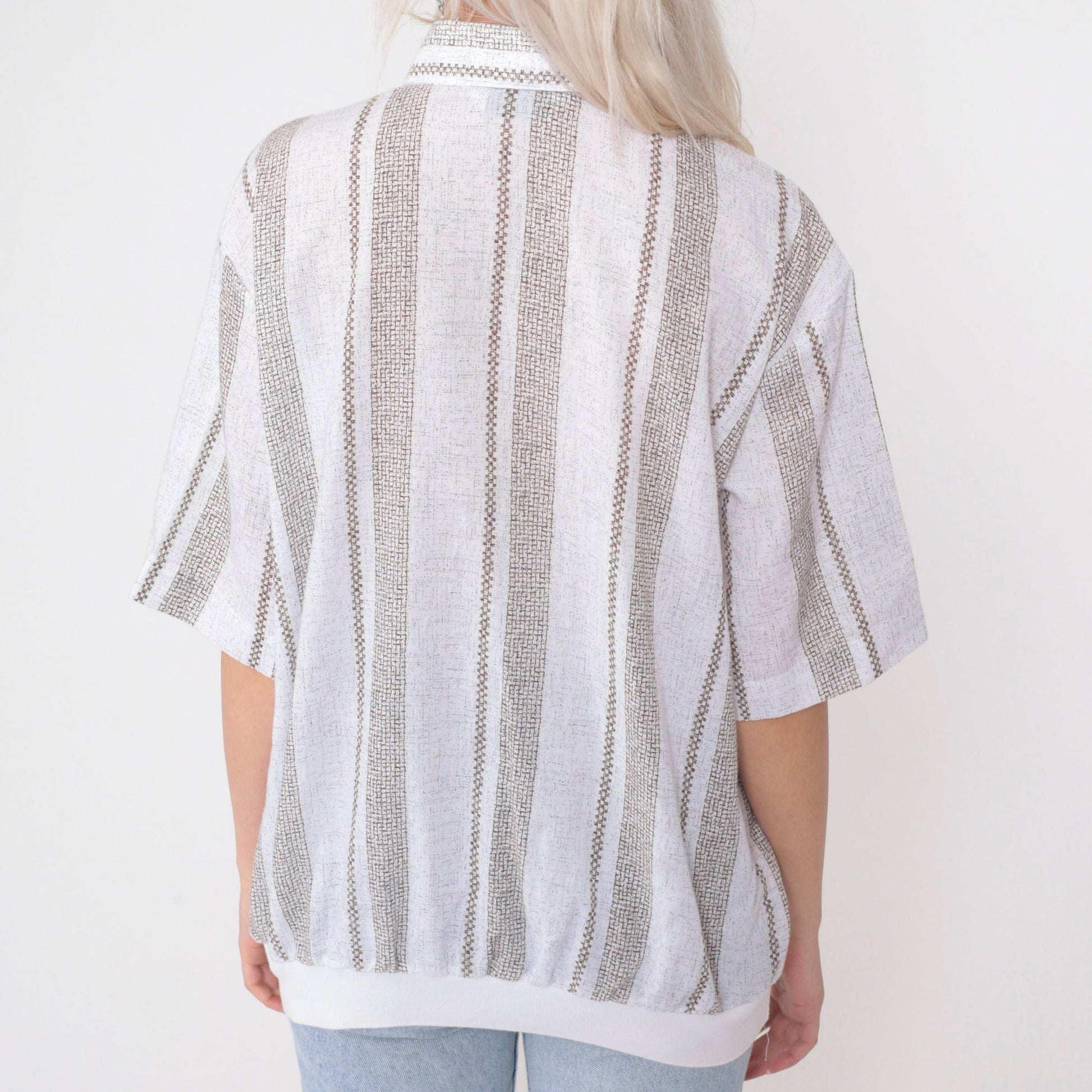 90s D'Accord Polo Shirt White Brown Checkered Striped Collared Large