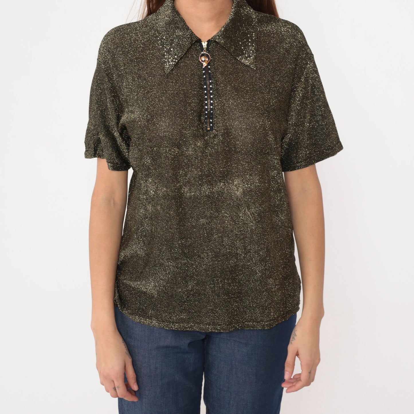 80s Gold Metallic Blouse Rhinestone Zipper Collared Short Sleeve Large L