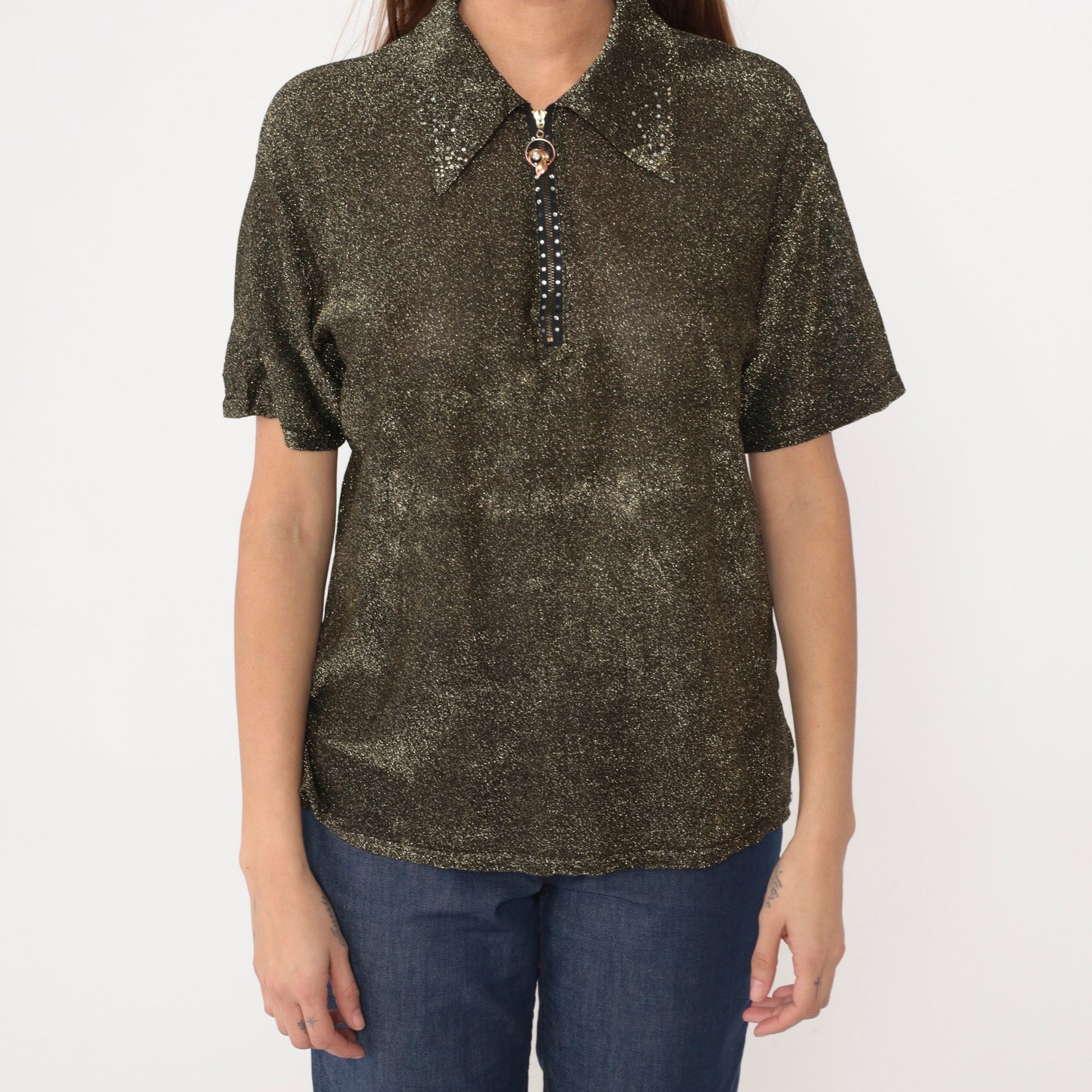 80s Gold Metallic Blouse Rhinestone Zipper Collared Short Sleeve Large L