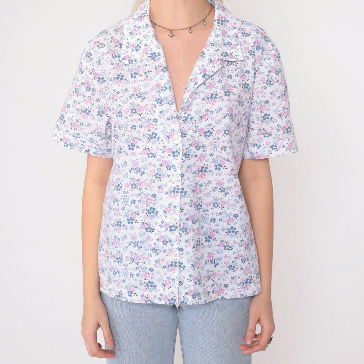 90s Blair White Floral Button Up Blouse Short Sleeve Collar Pink Blue Print Large