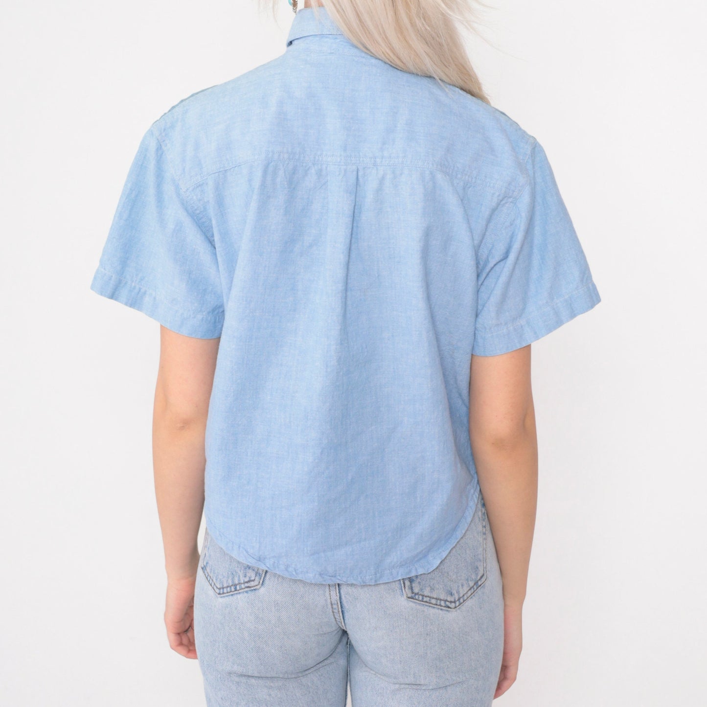 90s Victoria Jones Chambray Blouse Beaded Floral Embroidered Denim Blue Medium Petite
