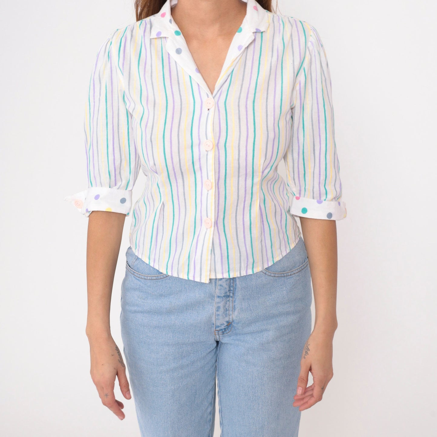 80s Striped Puff Sleeve Blouse White Polka Dot Trim Button Up Collared Top Extra Small