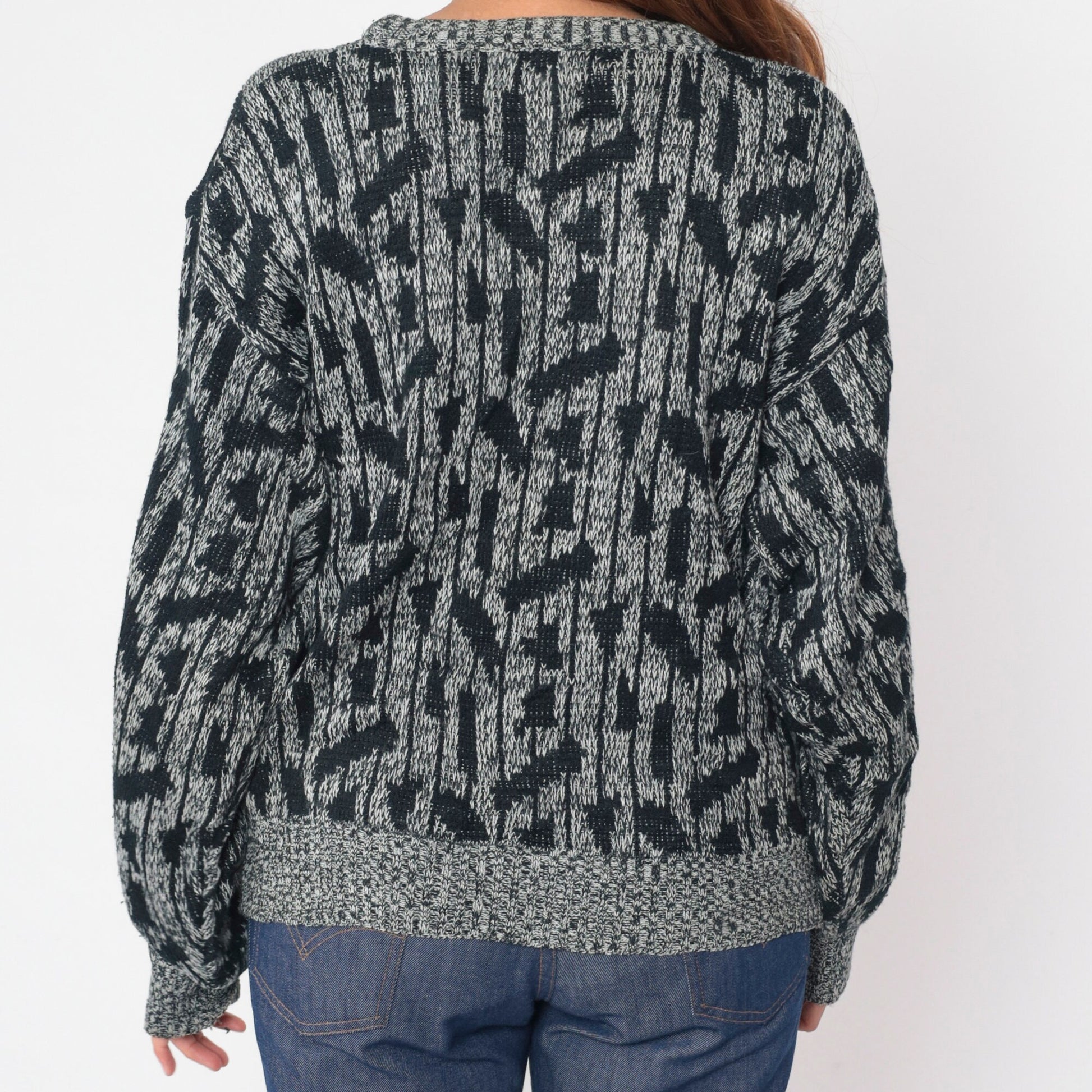 90s Raf Grey Black Flecked Knit Sweater Diamond Leather Patch Crewneck Large L