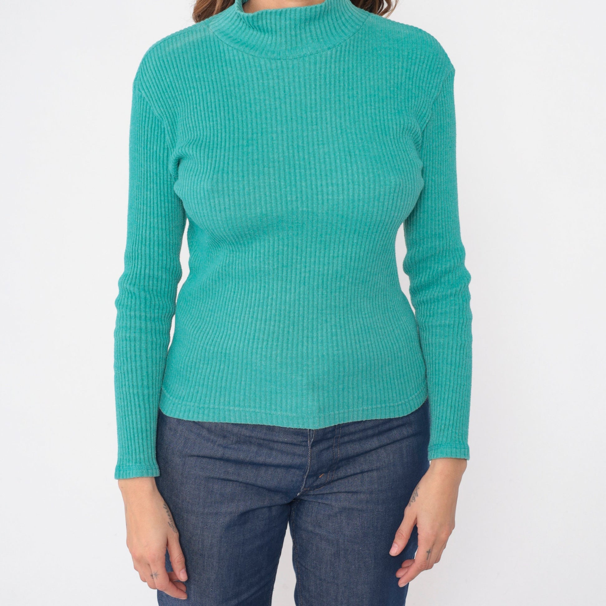 90s Turquoise Ribbed Turtleneck Long Sleeve Knit Top Medium
