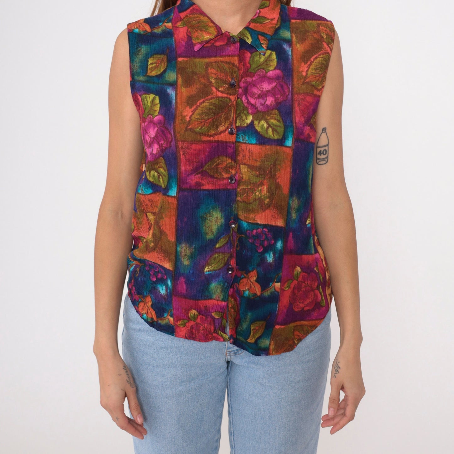 90s Floral Patchwork Button-Up Tank Top Rayon Sleeveless Blouse Medium
