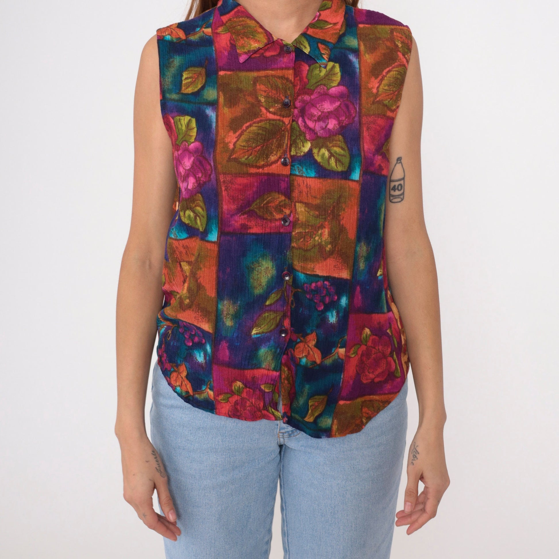 90s Floral Patchwork Button-Up Tank Top Rayon Sleeveless Blouse Medium