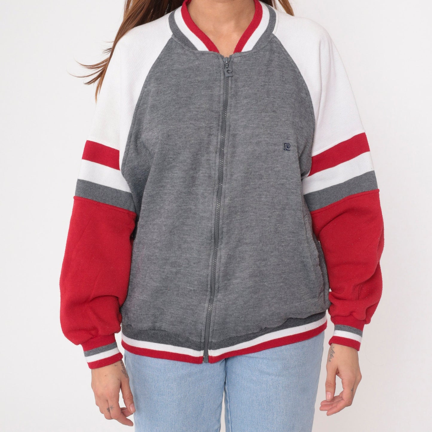 90s Pierre Cardin Zip-Up Sweatshirt Heather Grey Red White Stripe Large L