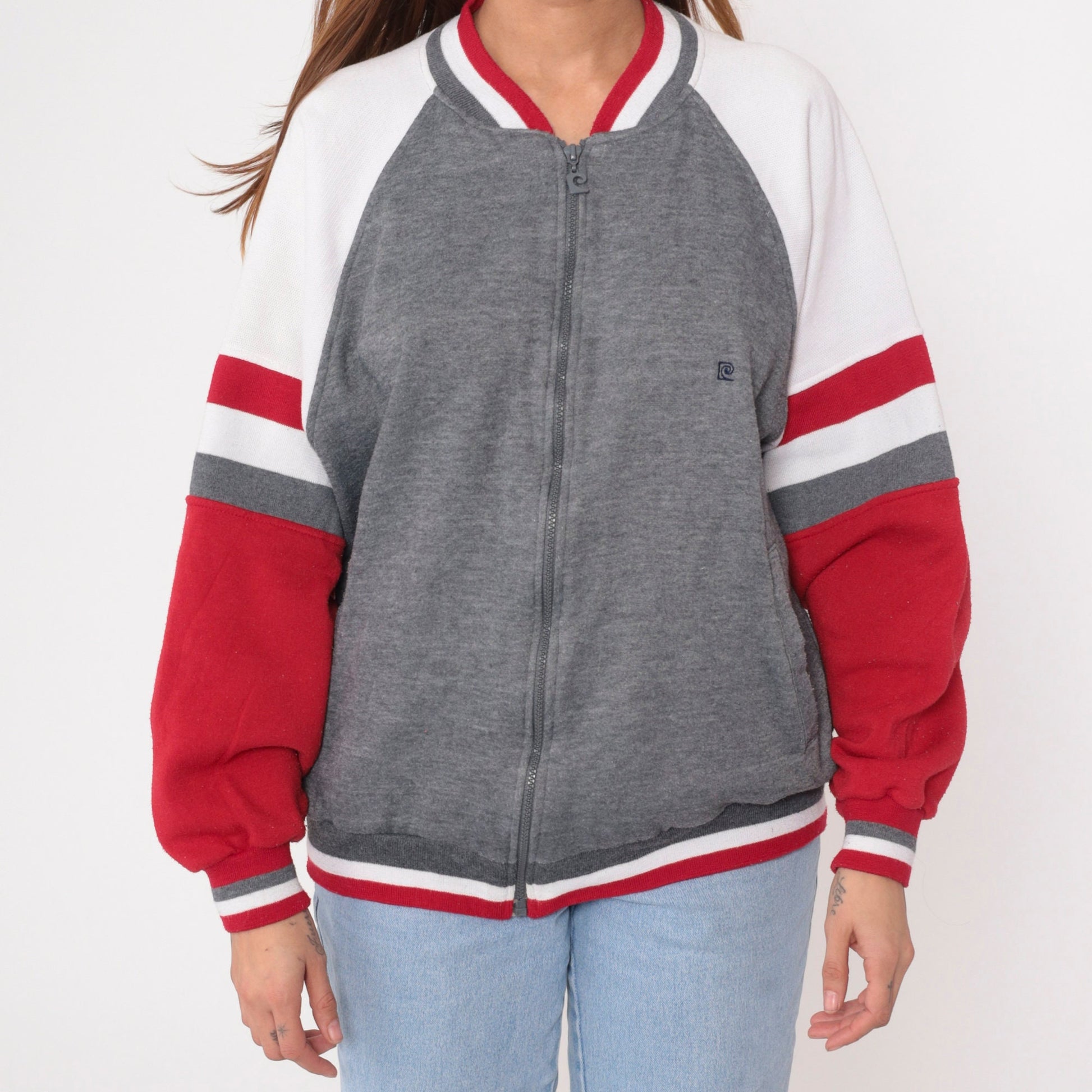 90s Pierre Cardin Zip-Up Sweatshirt Heather Grey Red White Stripe Large L