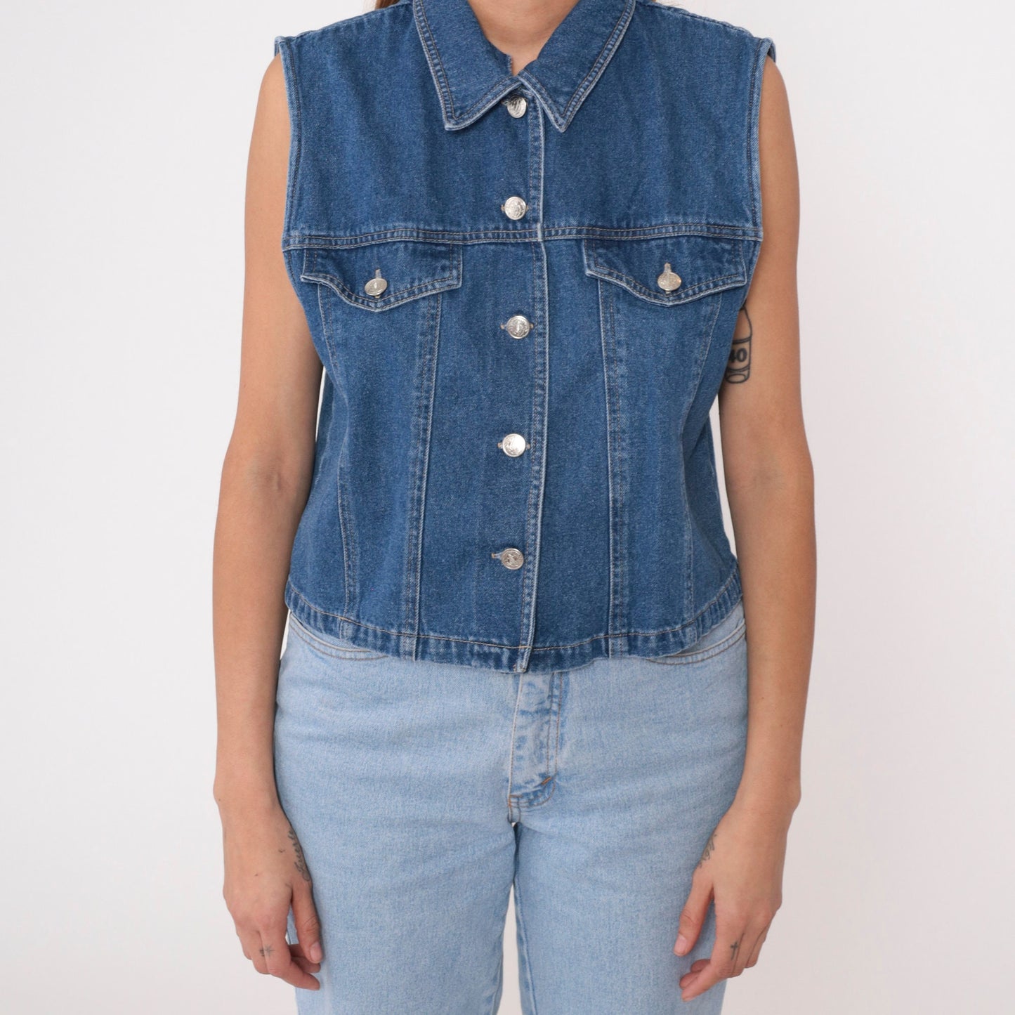 90s Blue Denim Sleeveless Button-Up Shirt Collared Tank Medium