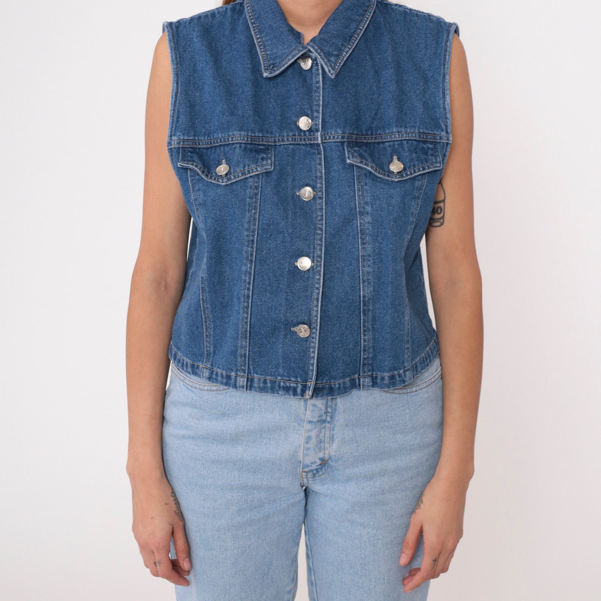 90s Blue Denim Sleeveless Button-Up Shirt Collared Tank Medium