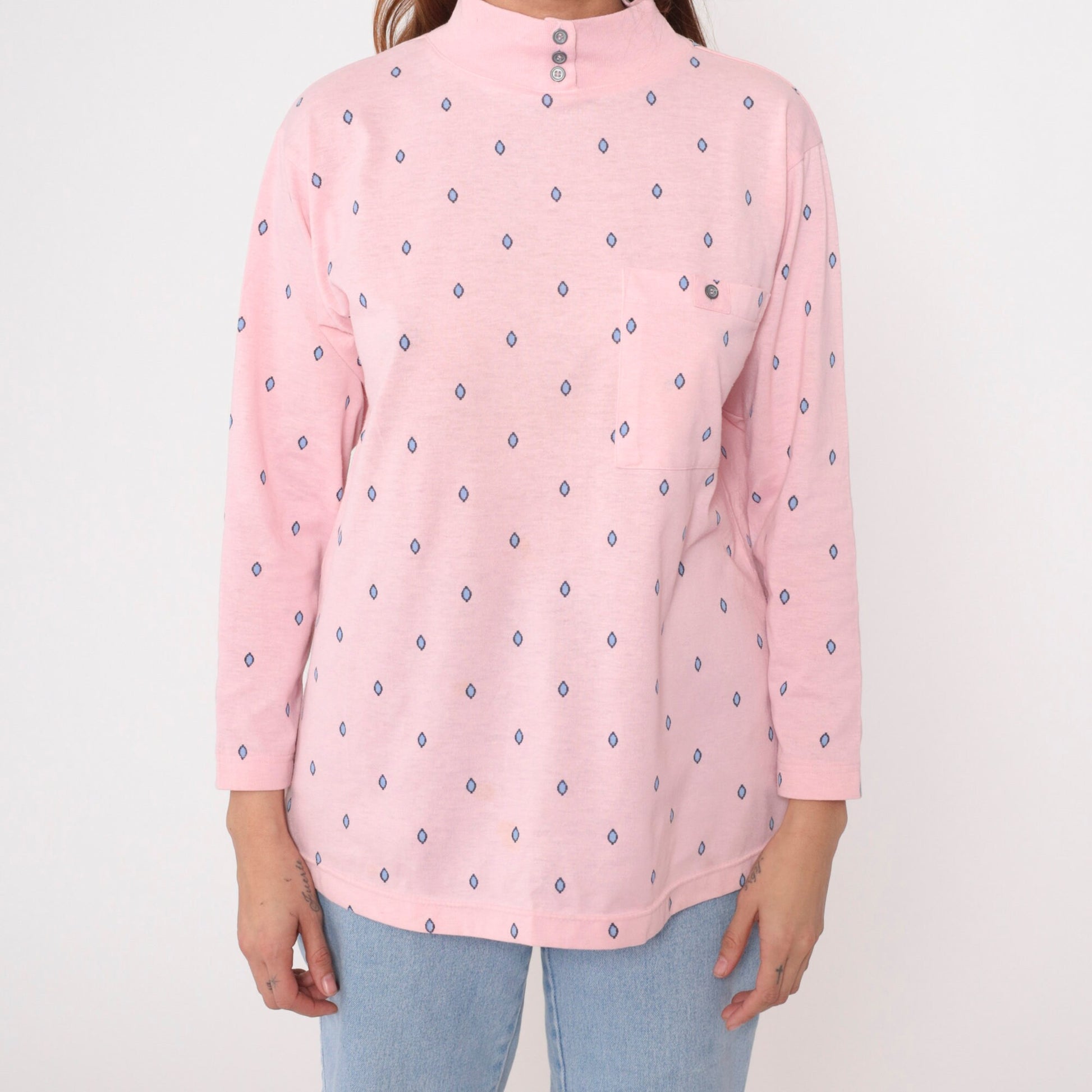 90s Baby Pink Geometric Mock Neck Long Sleeve Shirt Small