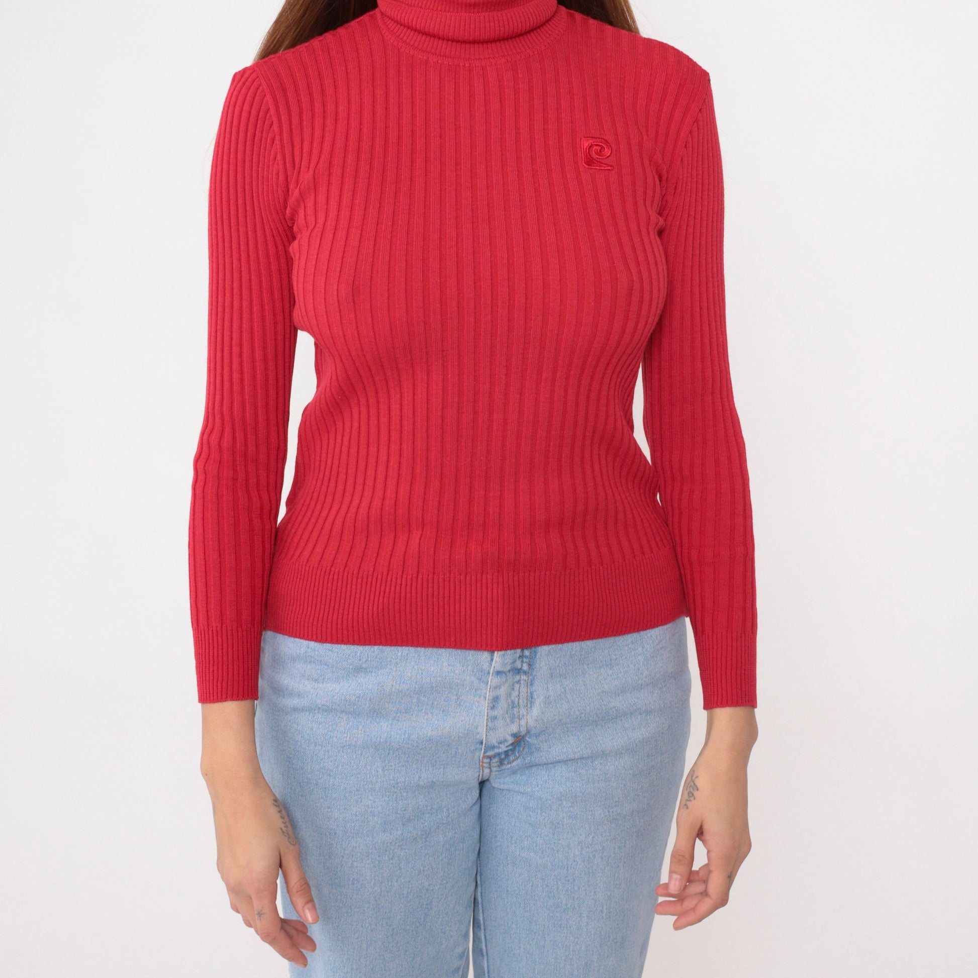 80s Pierre Cardin Red Turtleneck Sweater Ribbed Knit Pullover Small S