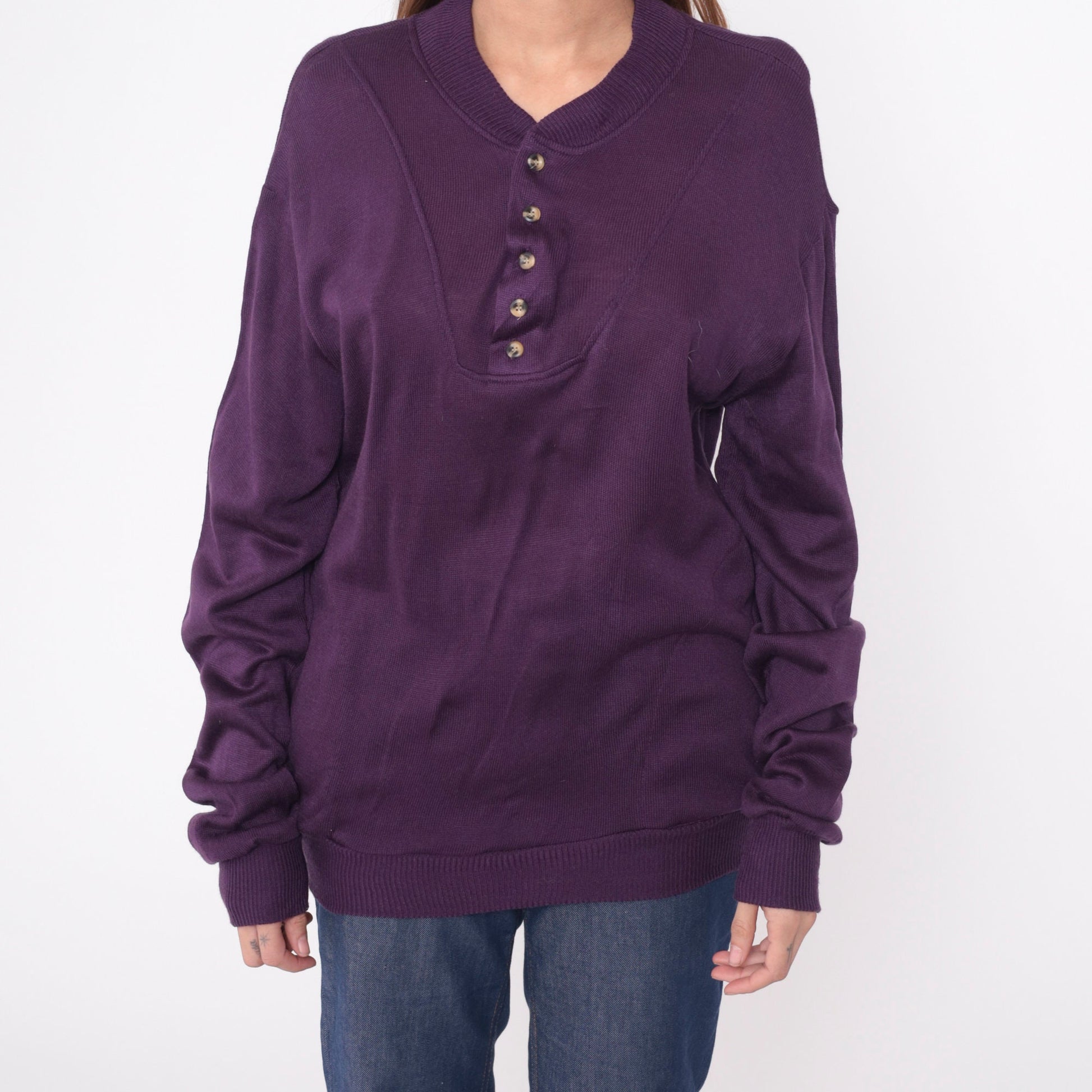 90s Purple Henley Sweater Acrylic Knit Pullover Men's Medium