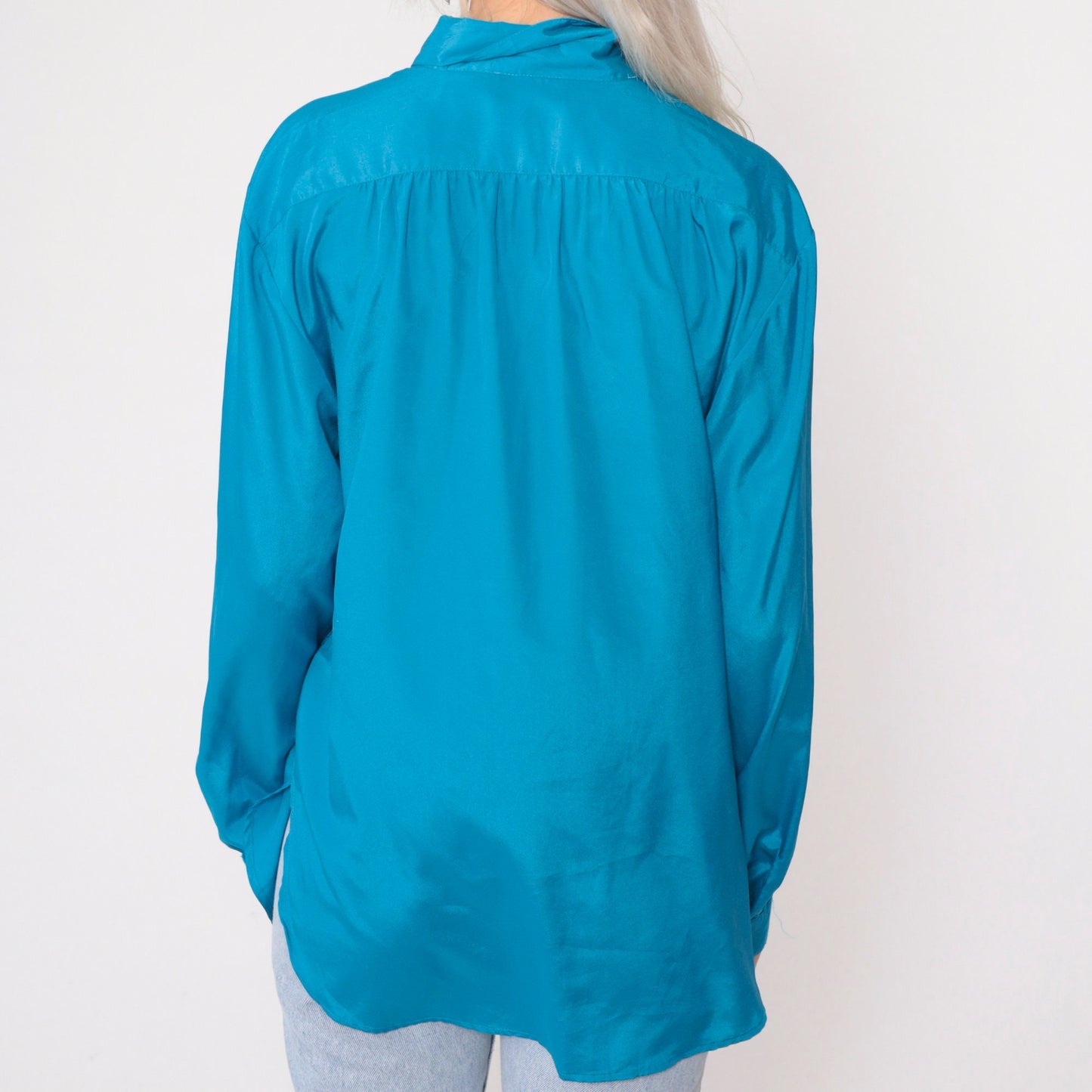 90s Turquoise Button-Up Blouse Gathered Shoulders Roll Tab Sleeves Large