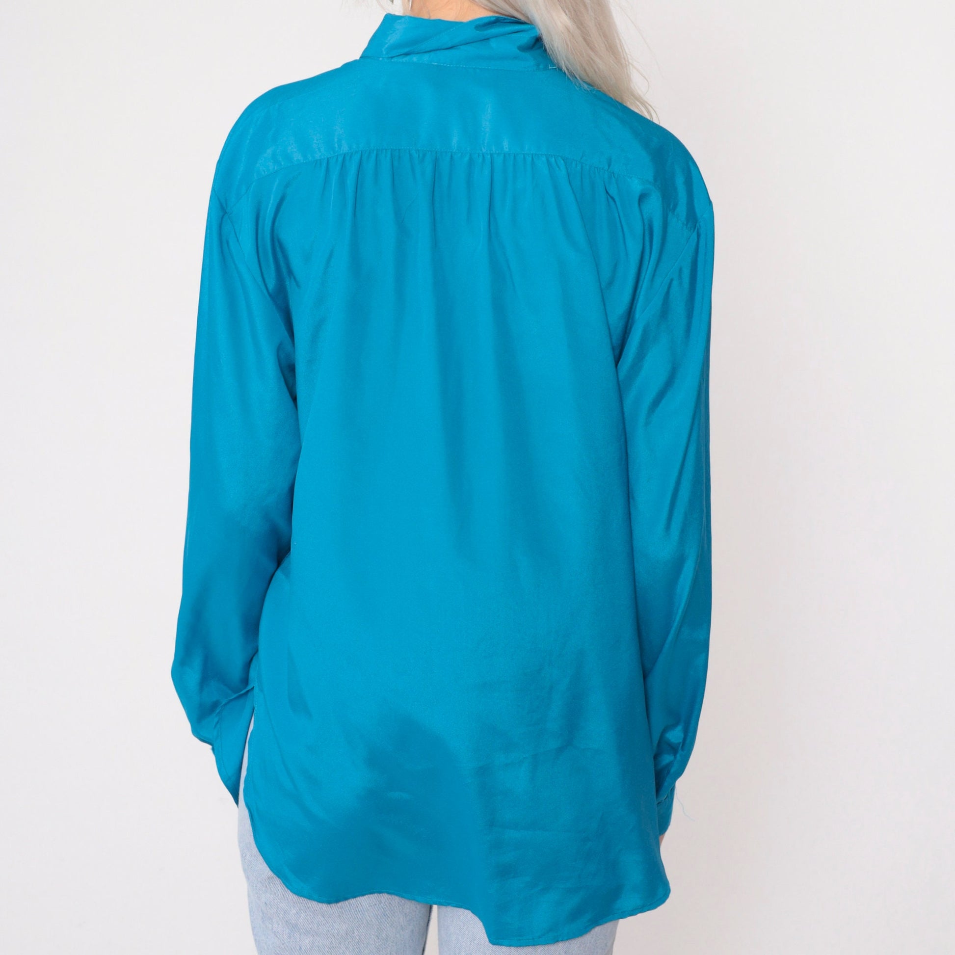 90s Turquoise Button-Up Blouse Gathered Shoulders Roll Tab Sleeves Large