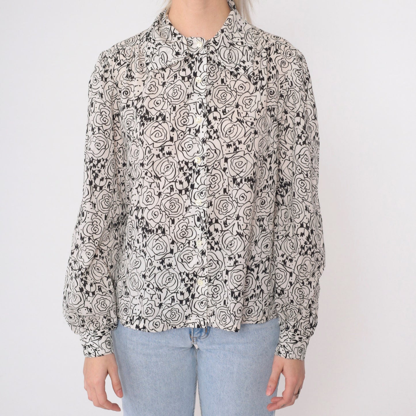 80s Abstract Floral Sketch Blouse Black White Puff Sleeve Button Up Medium