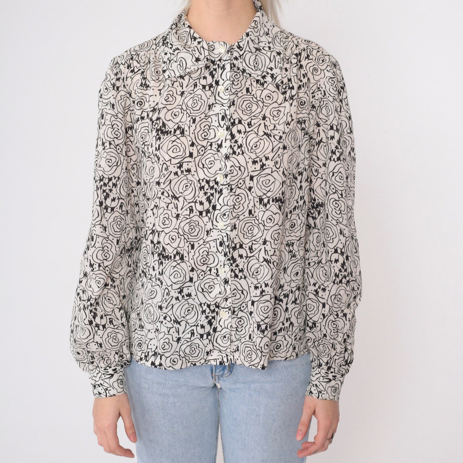80s Abstract Floral Sketch Blouse Black White Puff Sleeve Button Up Medium