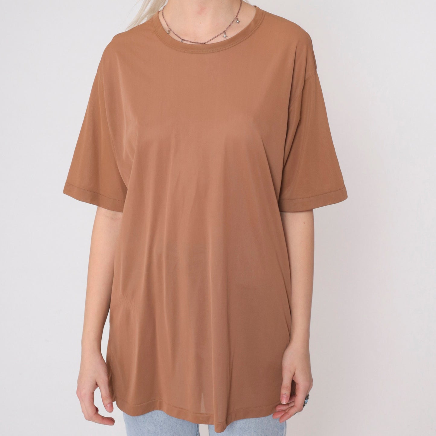 80s Light Brown Nylon Crewneck Blouse Short Sleeve Medium Large