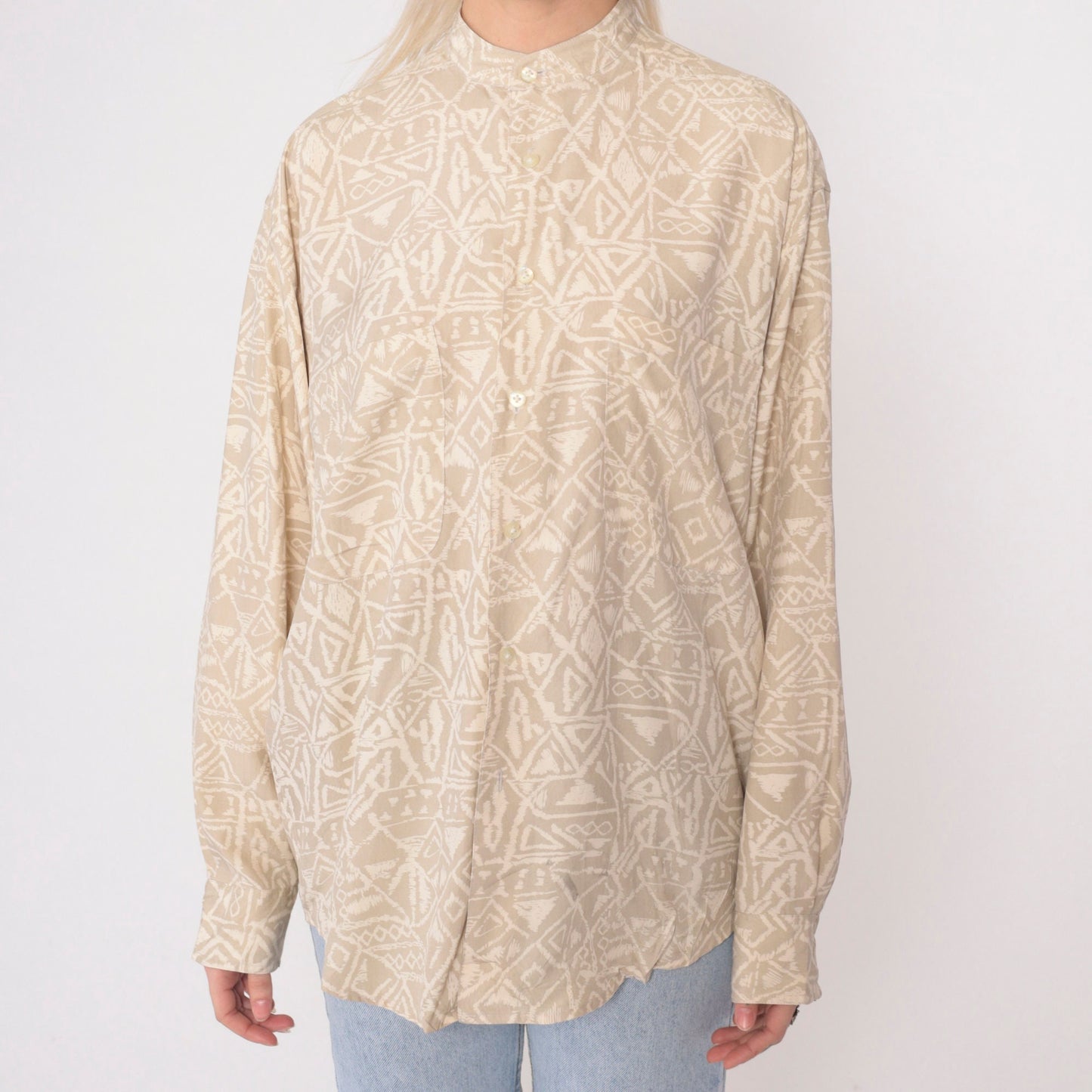 90s Generra Silk Geometric Button Up Shirt Beige Stand Collar Small