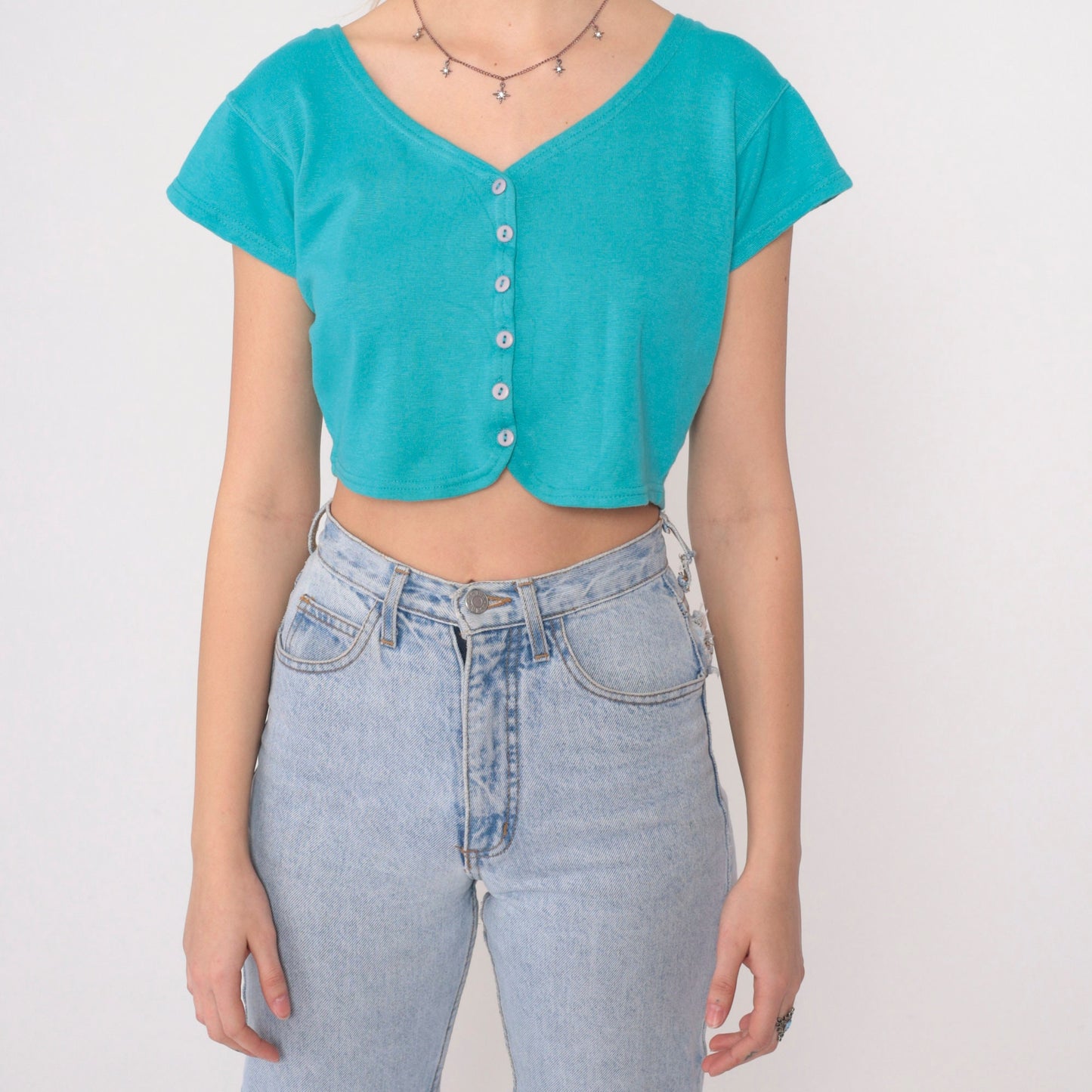 90s Turquoise Crop Top Button Up Blouse Short Sleeve Small Medium