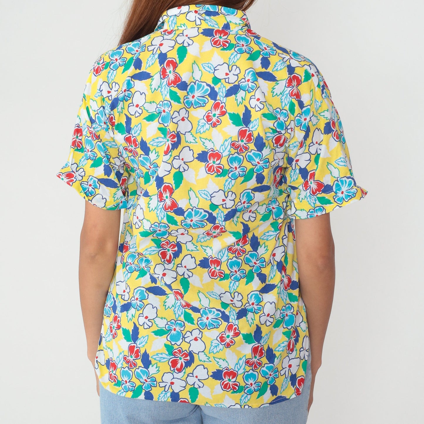 90s Grant Yellow Floral Striped Cotton Button-Up Shirt Large