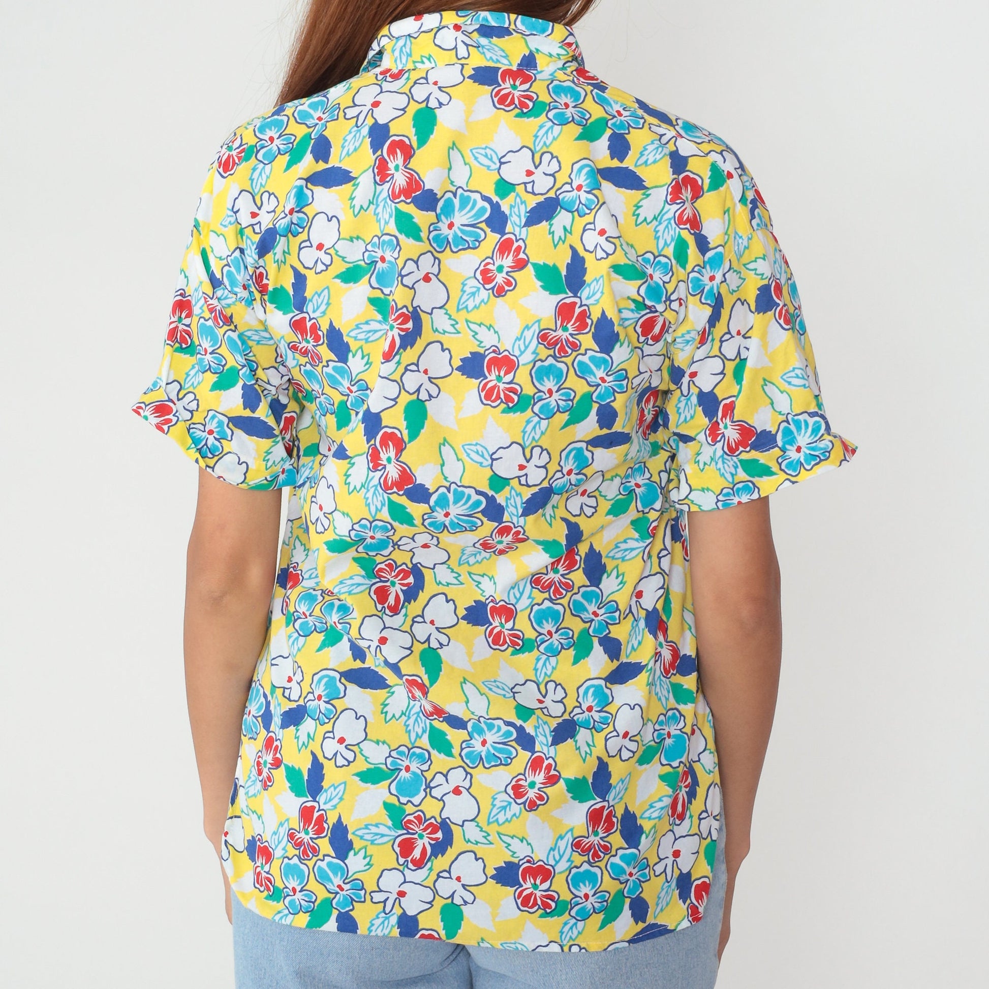 90s Grant Yellow Floral Striped Cotton Button-Up Shirt Large