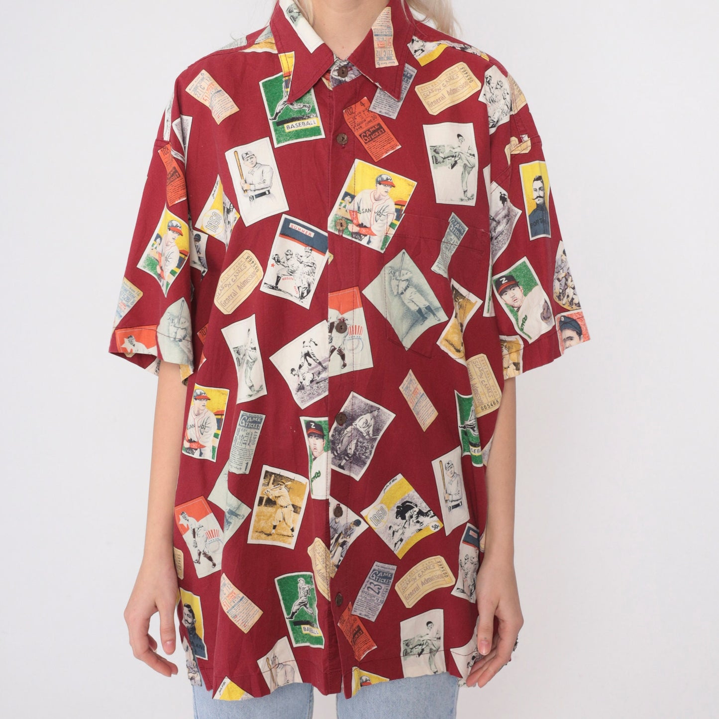 90s Baseball Card Print Button-Up Shirt Red Cotton Large