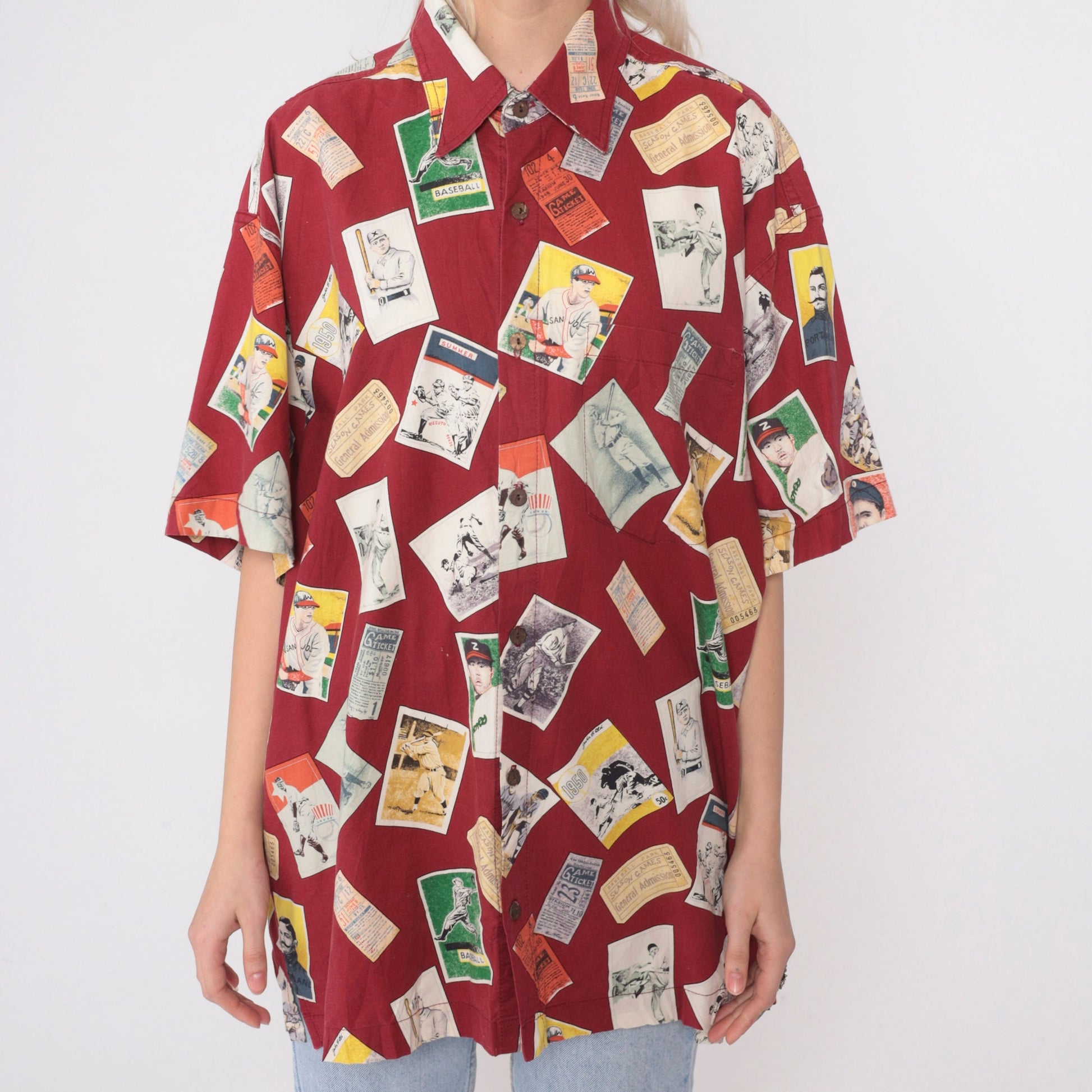 90s Baseball Card Print Button-Up Shirt Red Cotton Large