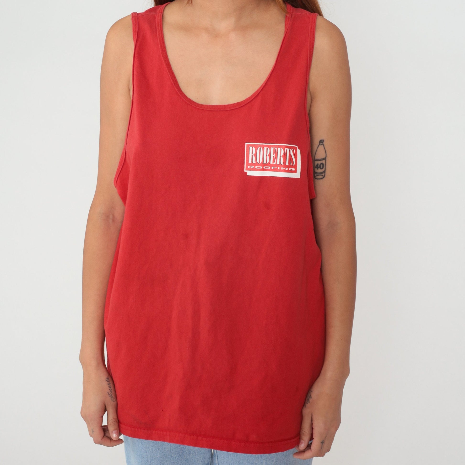 Y2K Robert's Roofing Graphic Tank Top Red Cotton Racerback Extra Large XXL
