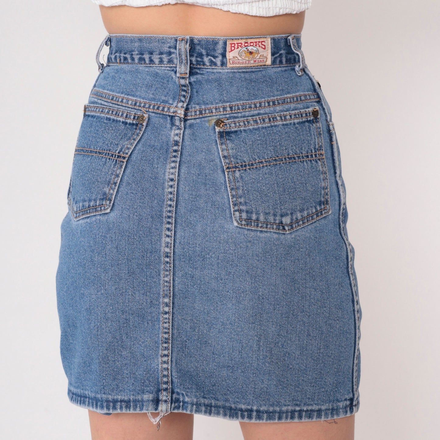 90s Brooks Rugged Wear Denim Mini Skirt High Waisted Pencil Blue Extra Small