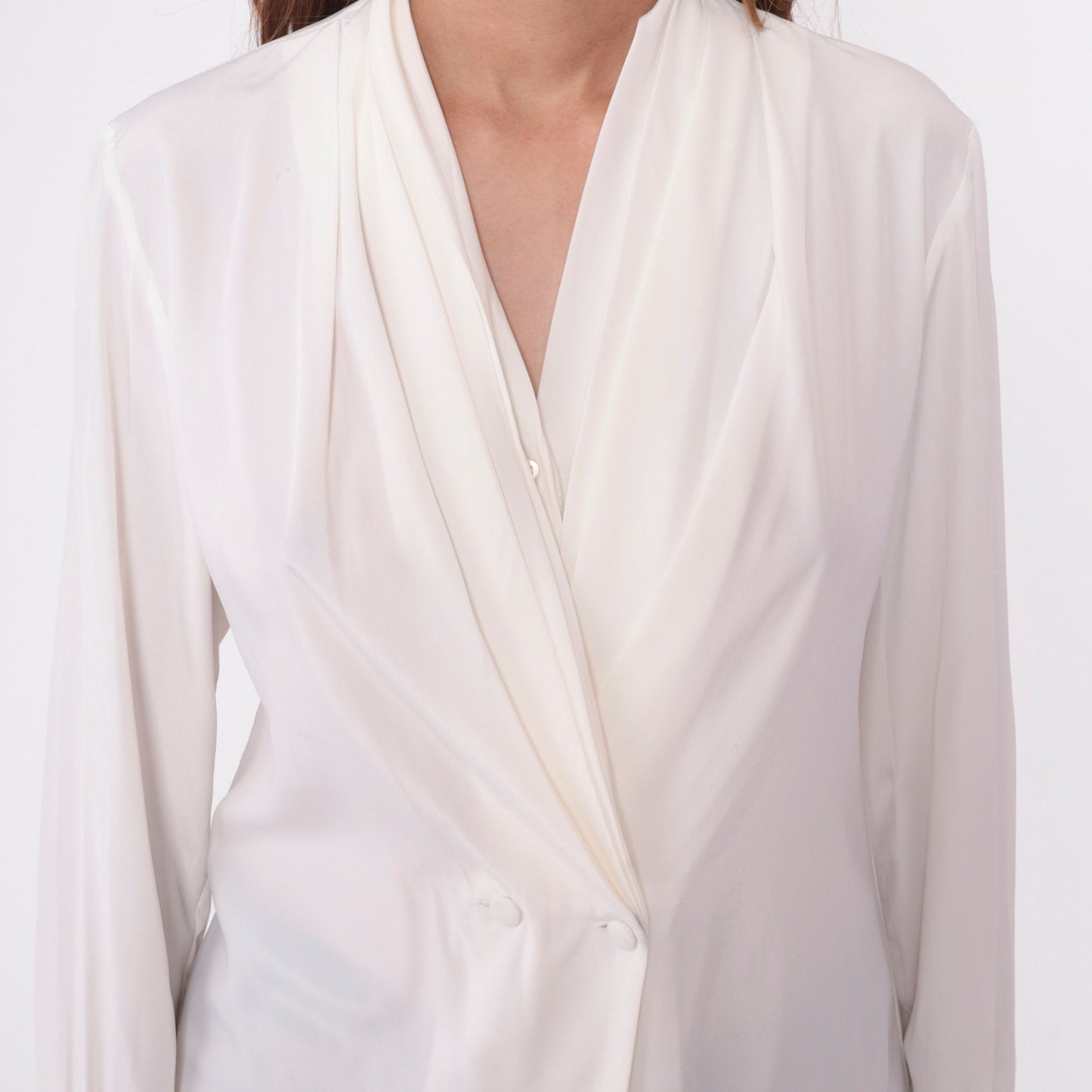 90s White Double Breasted Button Up Blouse V Neck Long Sleeve Small