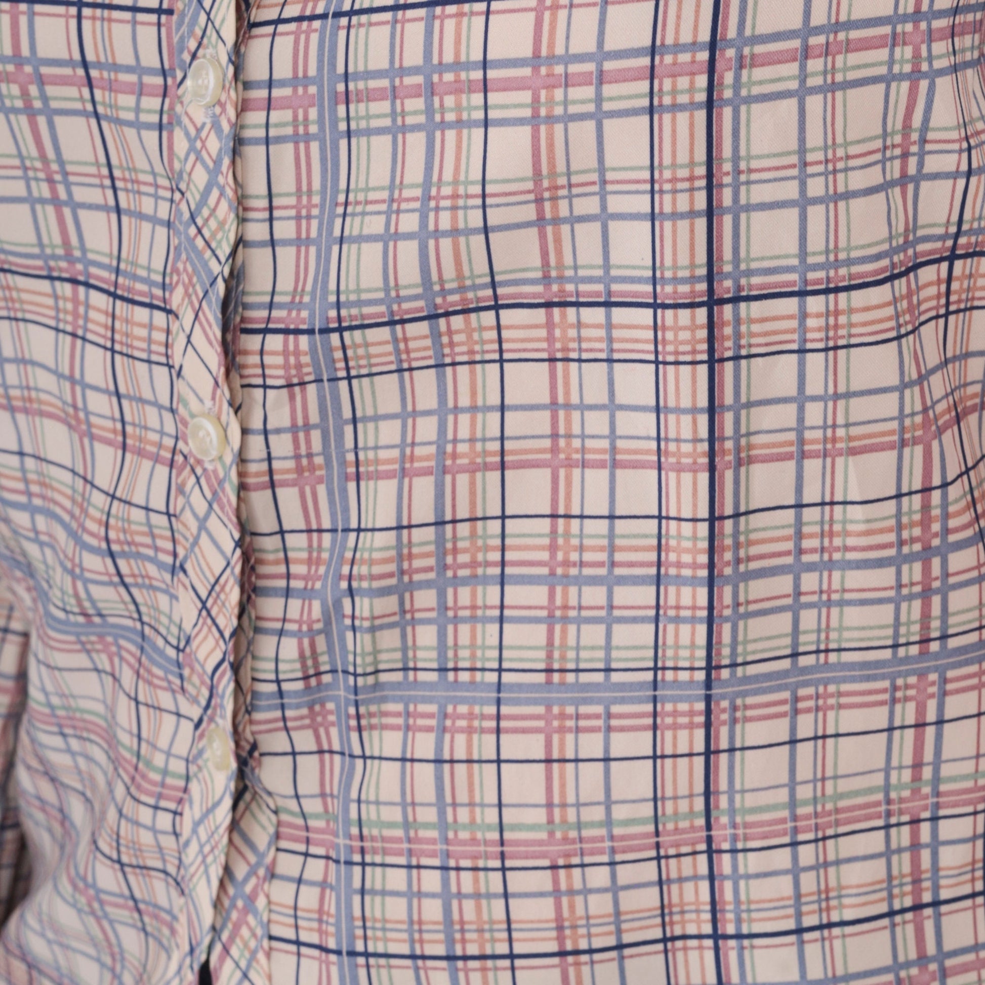 80s Plaid Button-Up Blouse Cream Lavender Pink Checkered Long Sleeve Small