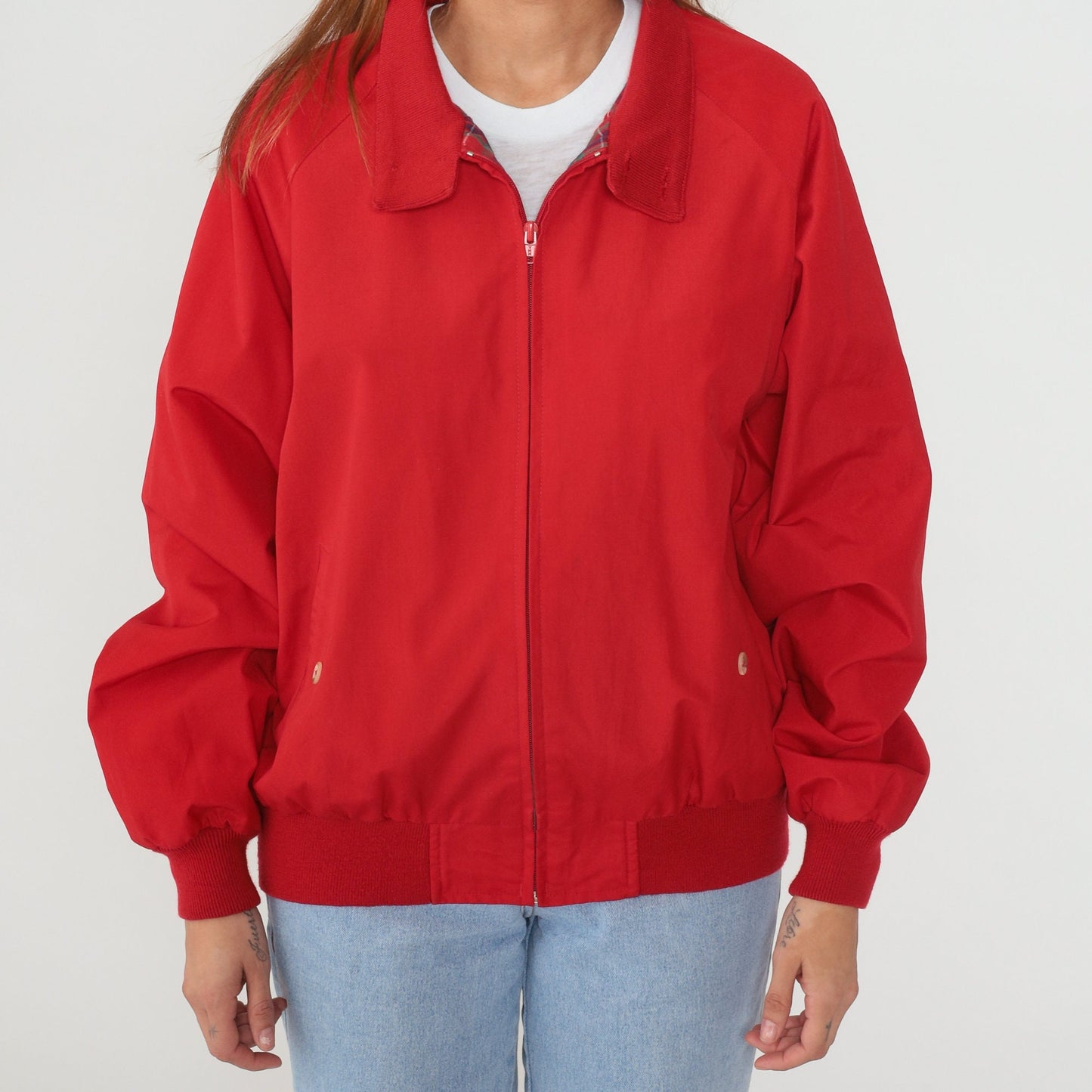 90s Land's End Red Windbreaker Jacket Plaid Lined Zip Up Large