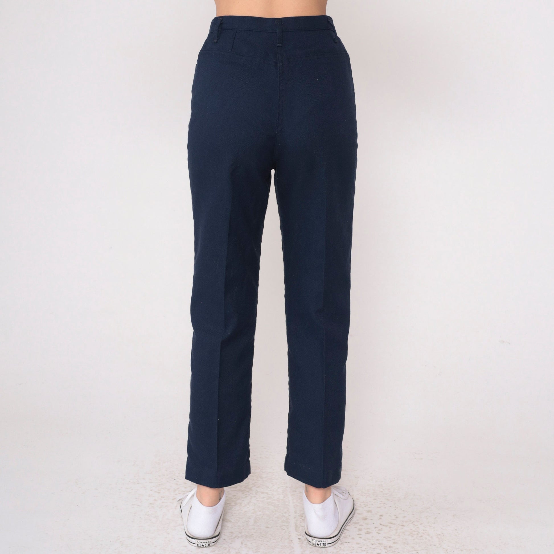 70s Navy High-Rise Straight Leg Trousers Creased Vintage Extra Small