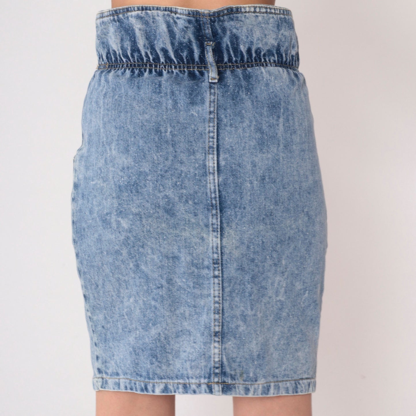 90s Acid Wash Denim Mini Skirt High Shirred Waist Blue Pencil Extra Small