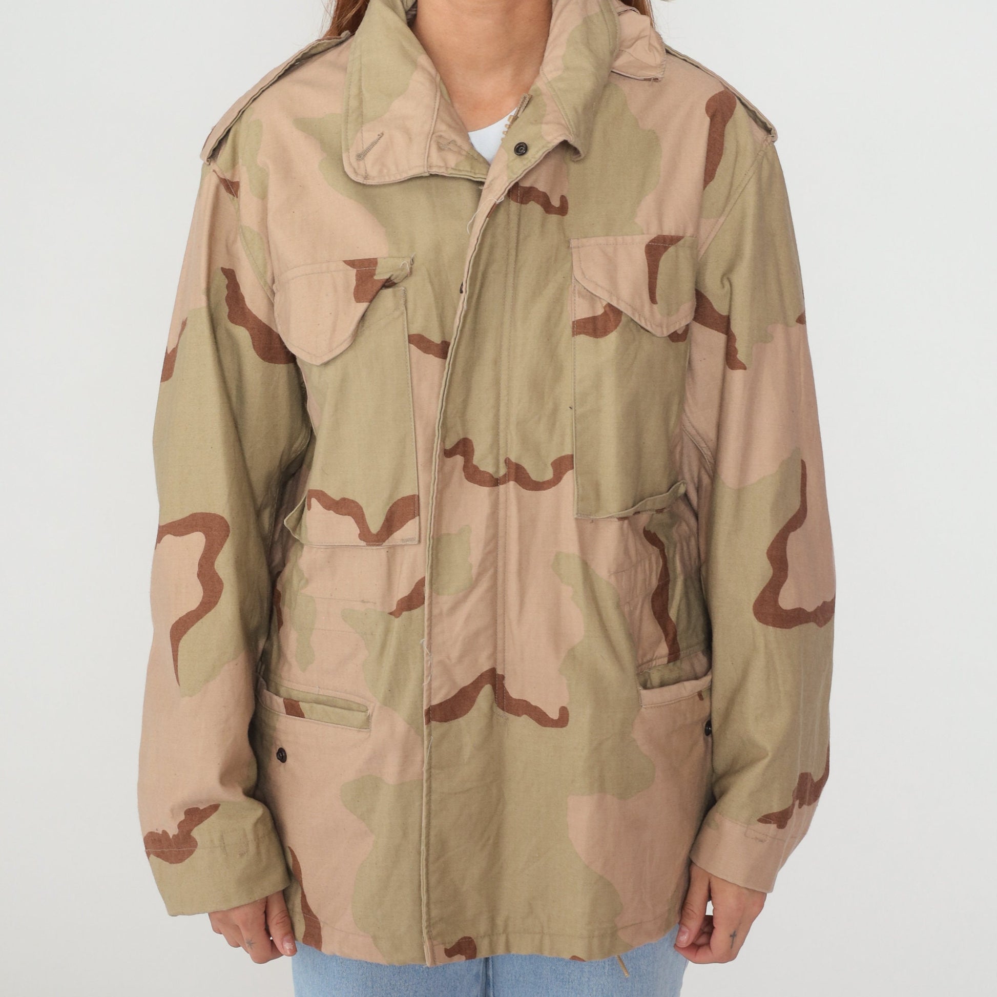 90s Camouflage Hooded Jacket Cargo Pockets Zip Snap Green Medium