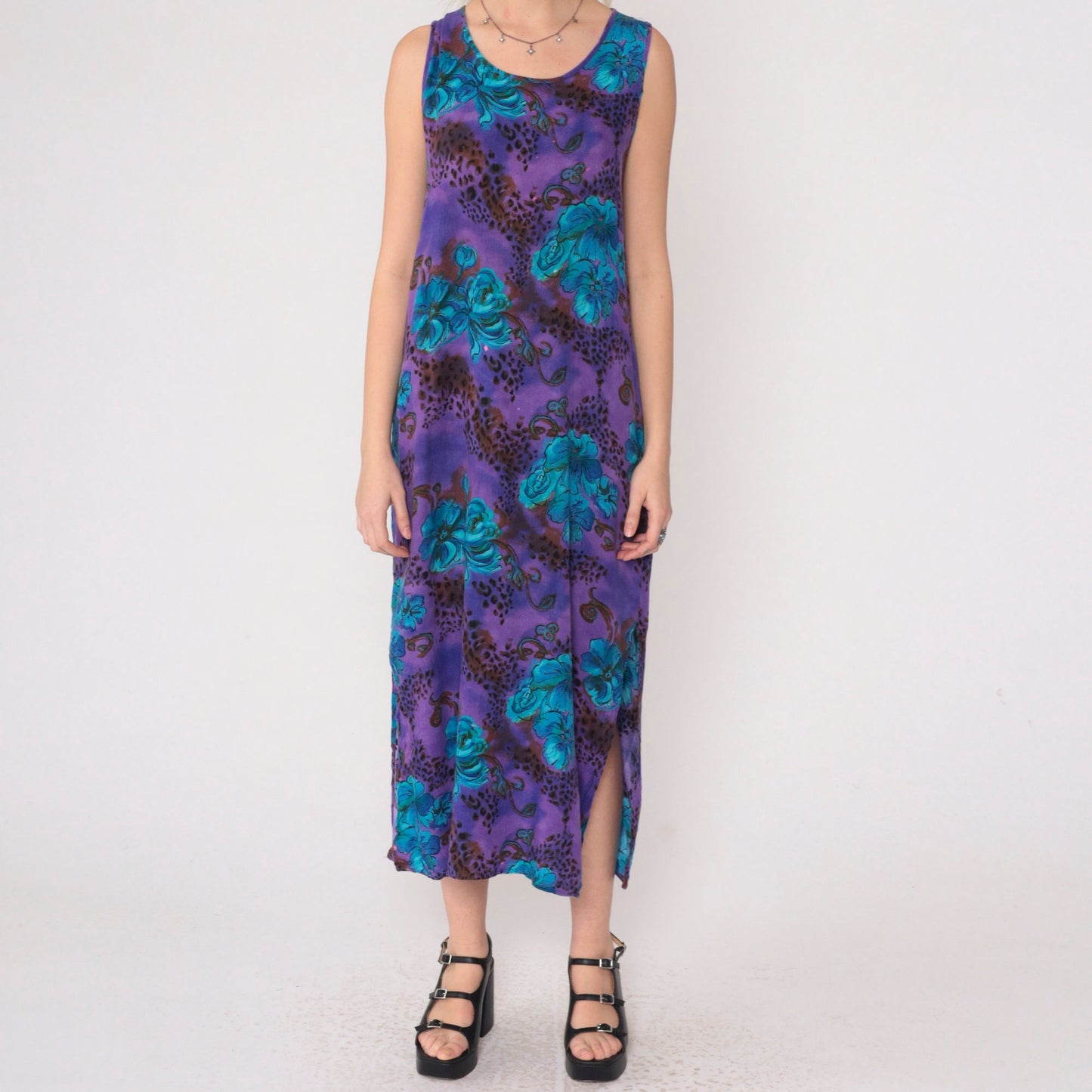 90s Caribou Floral Leopard Print Midi Dress Purple Blue Sleeveless Small