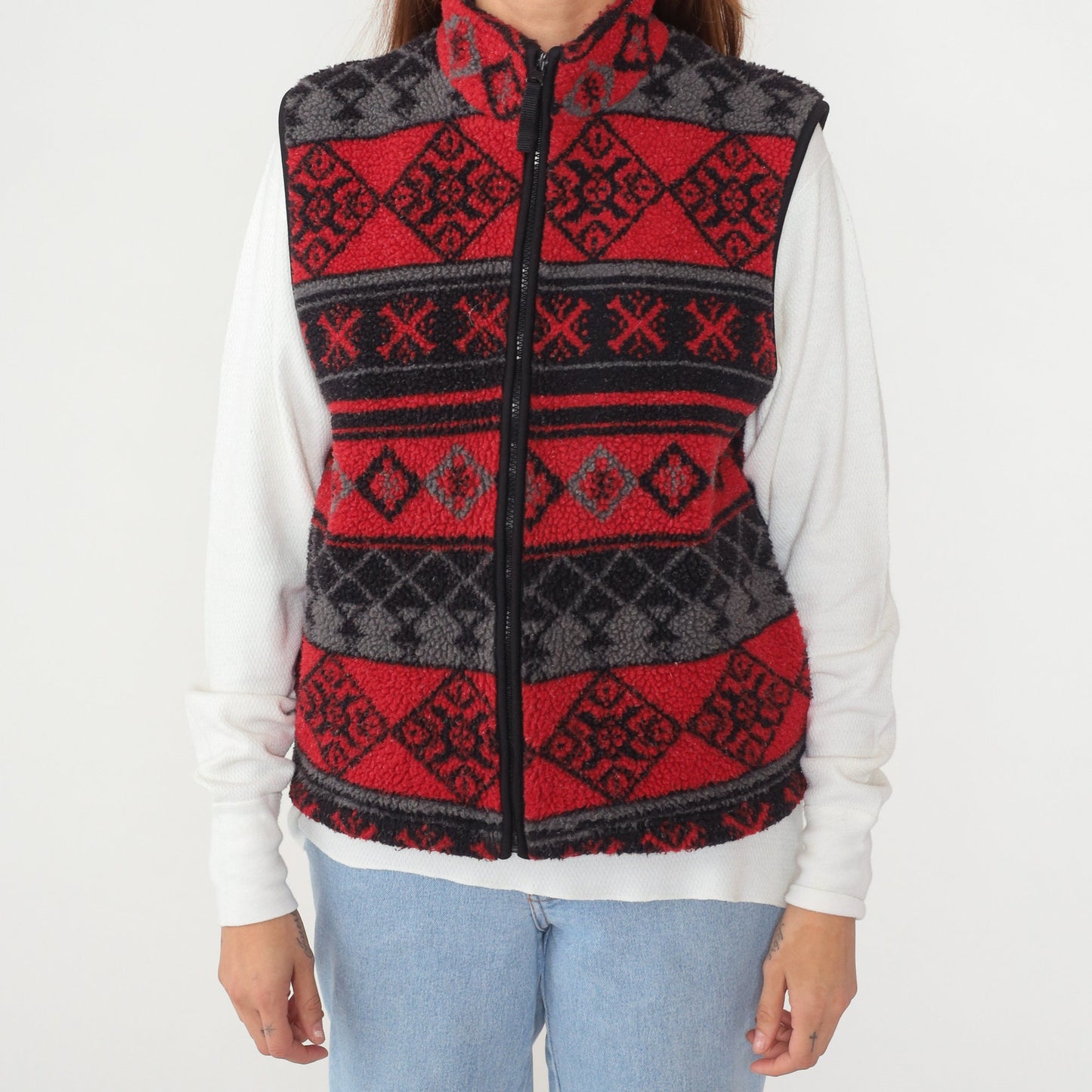 90s Northwest Blue Fleece Vest Red Geometric Striped Zip-Up Medium M