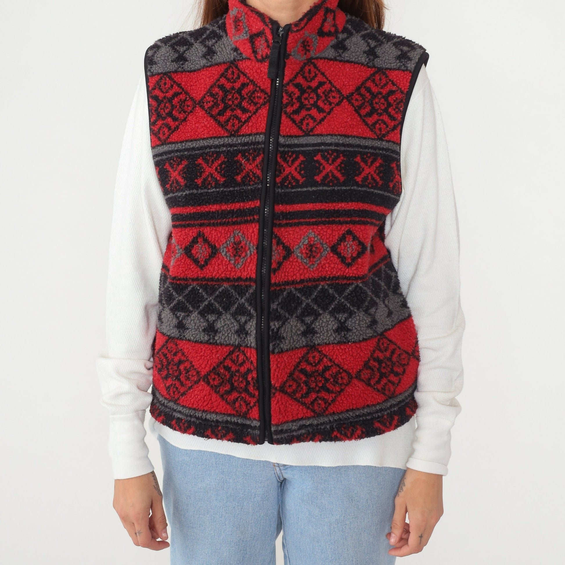 90s Northwest Blue Fleece Vest Red Geometric Striped Zip-Up Medium M