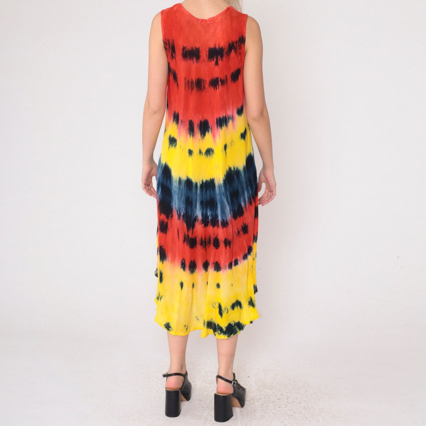 00s Tie Dye Floral Midi Dress Sleeveless Scoop Neck Waterfall Hem Small Medium