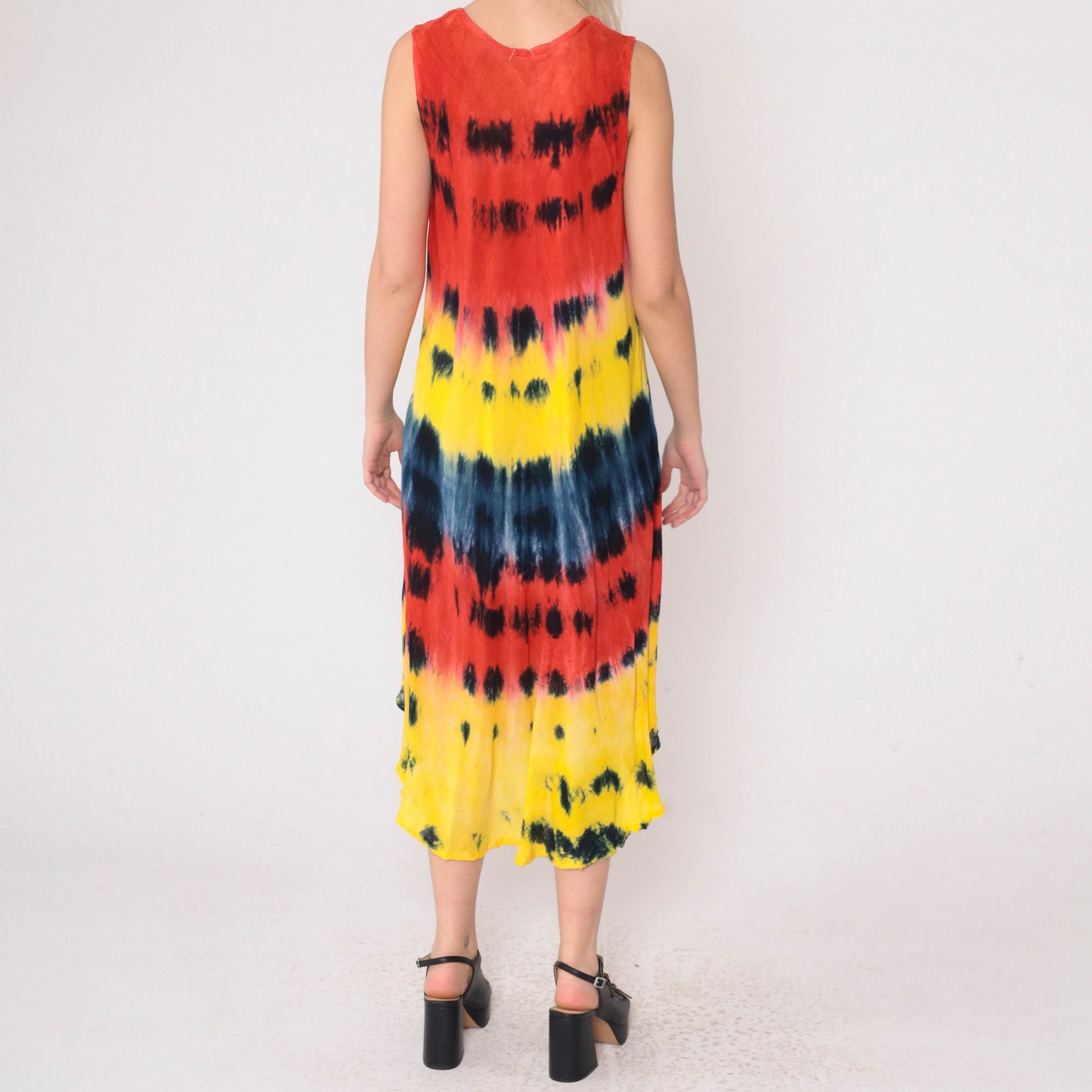 00s Tie Dye Floral Midi Dress Sleeveless Scoop Neck Waterfall Hem Small Medium