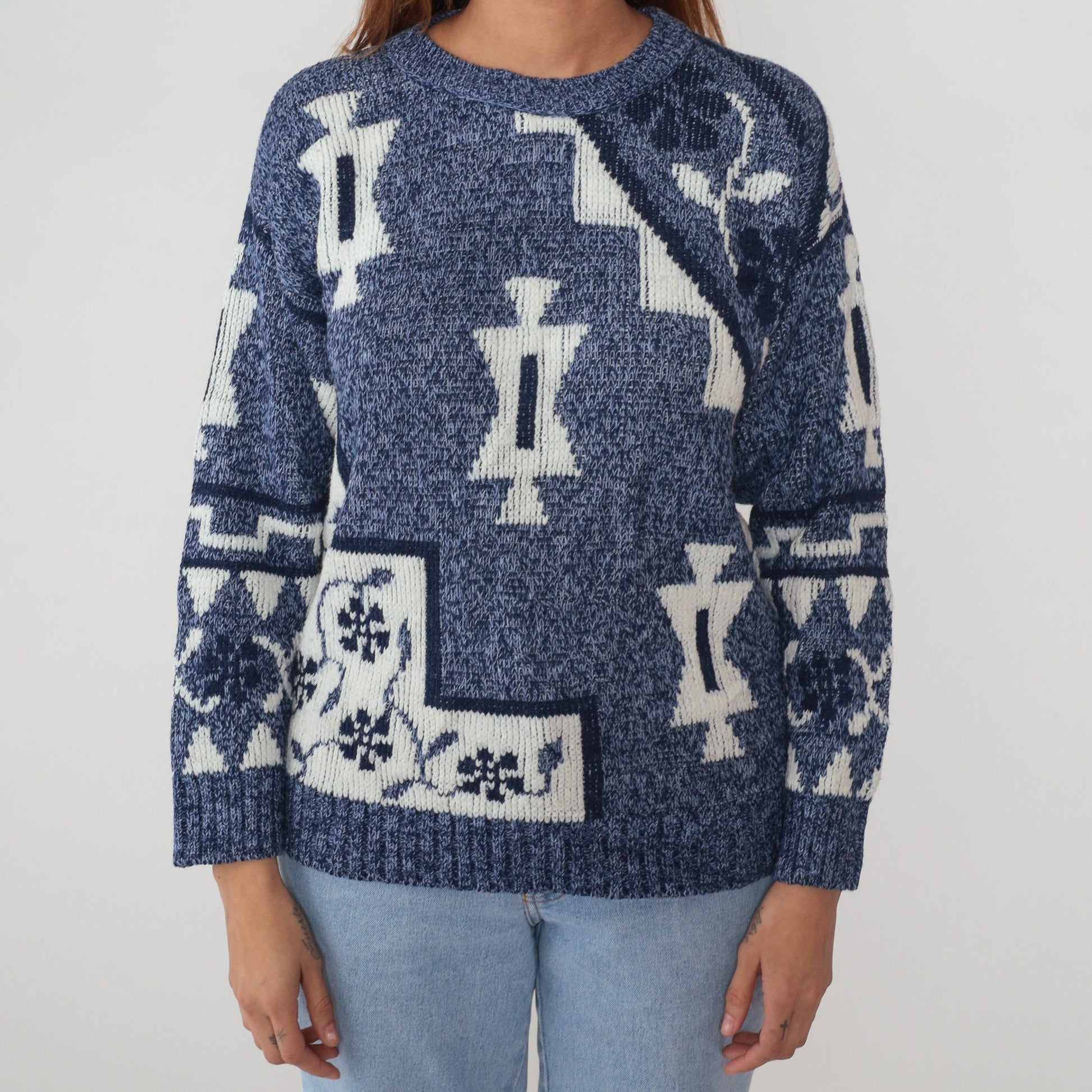 90s Blue Geometric Floral Knit Sweater Crewneck Pullover Small S