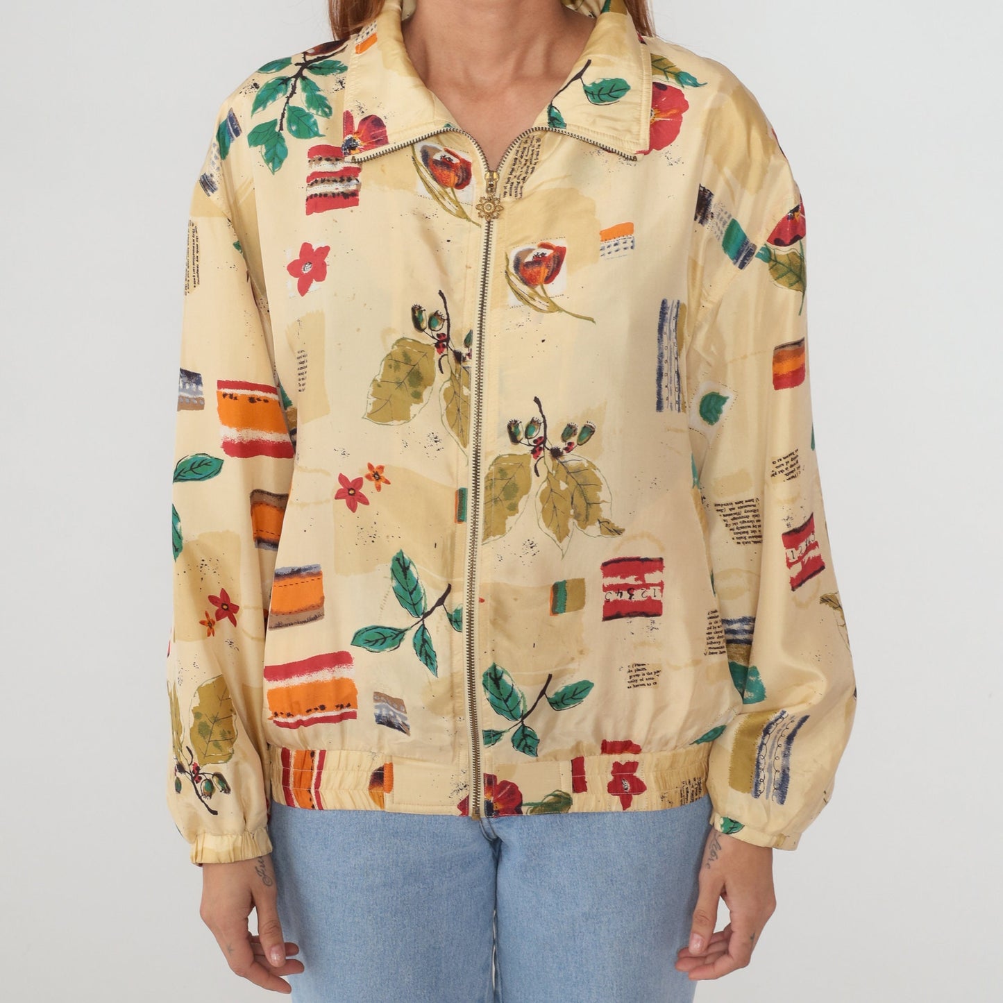 90s Wilson Silk Bomber Jacket Beige Floral Watercolor Print Medium M