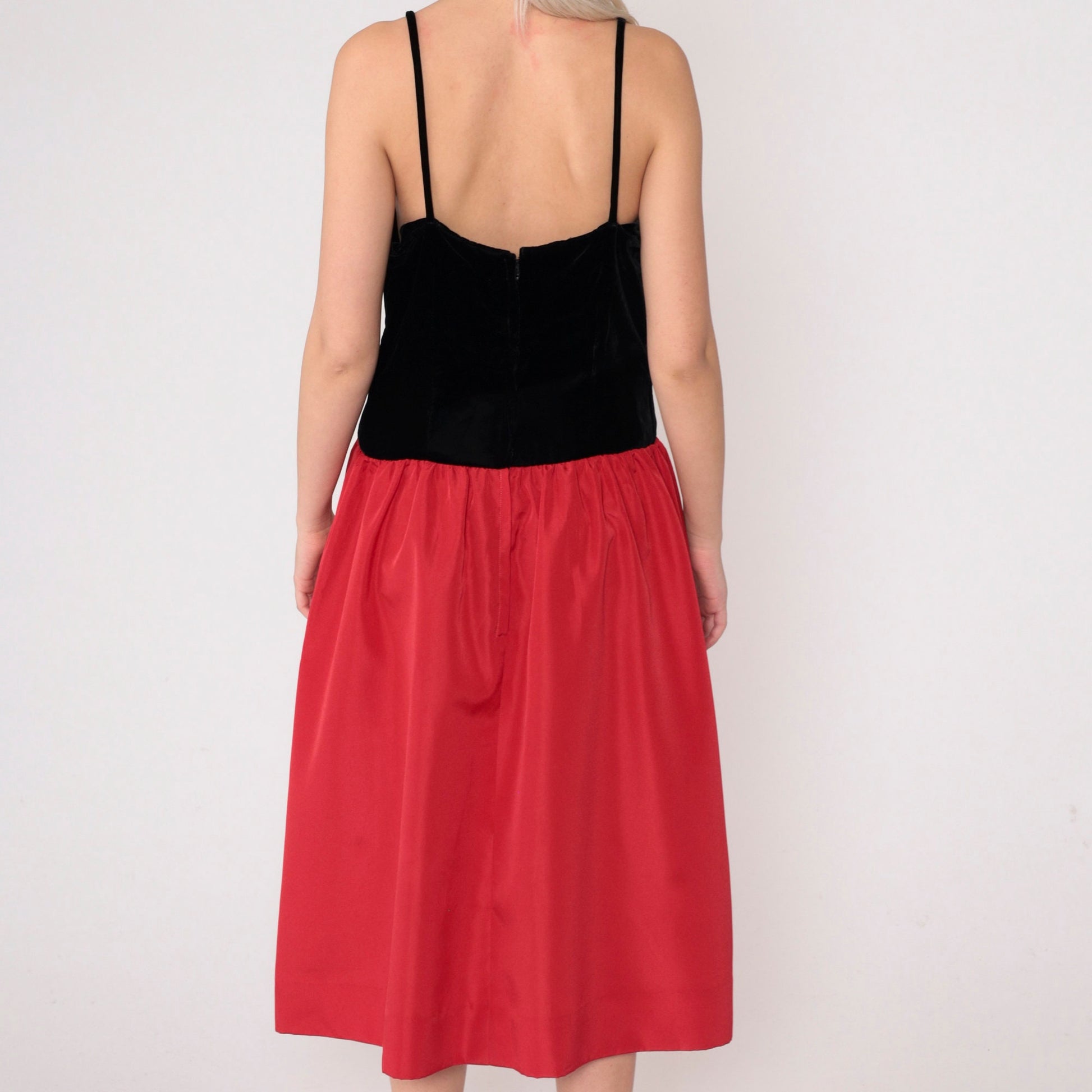 80s Velvet Colorblock Midi Dress Red Black Spaghetti Strap V Neck Medium
