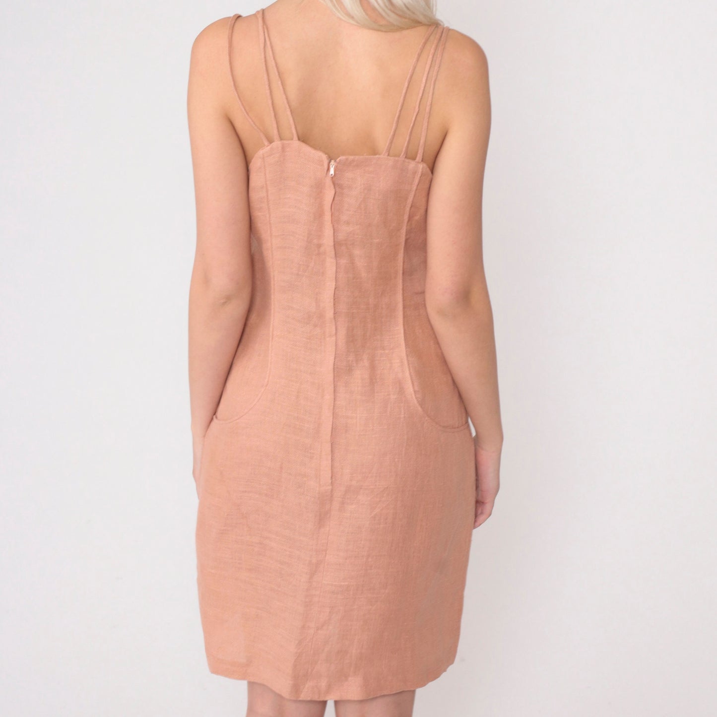 90s Muted Peach Linen Mini Dress Triple Spaghetti Strap Sheath Small