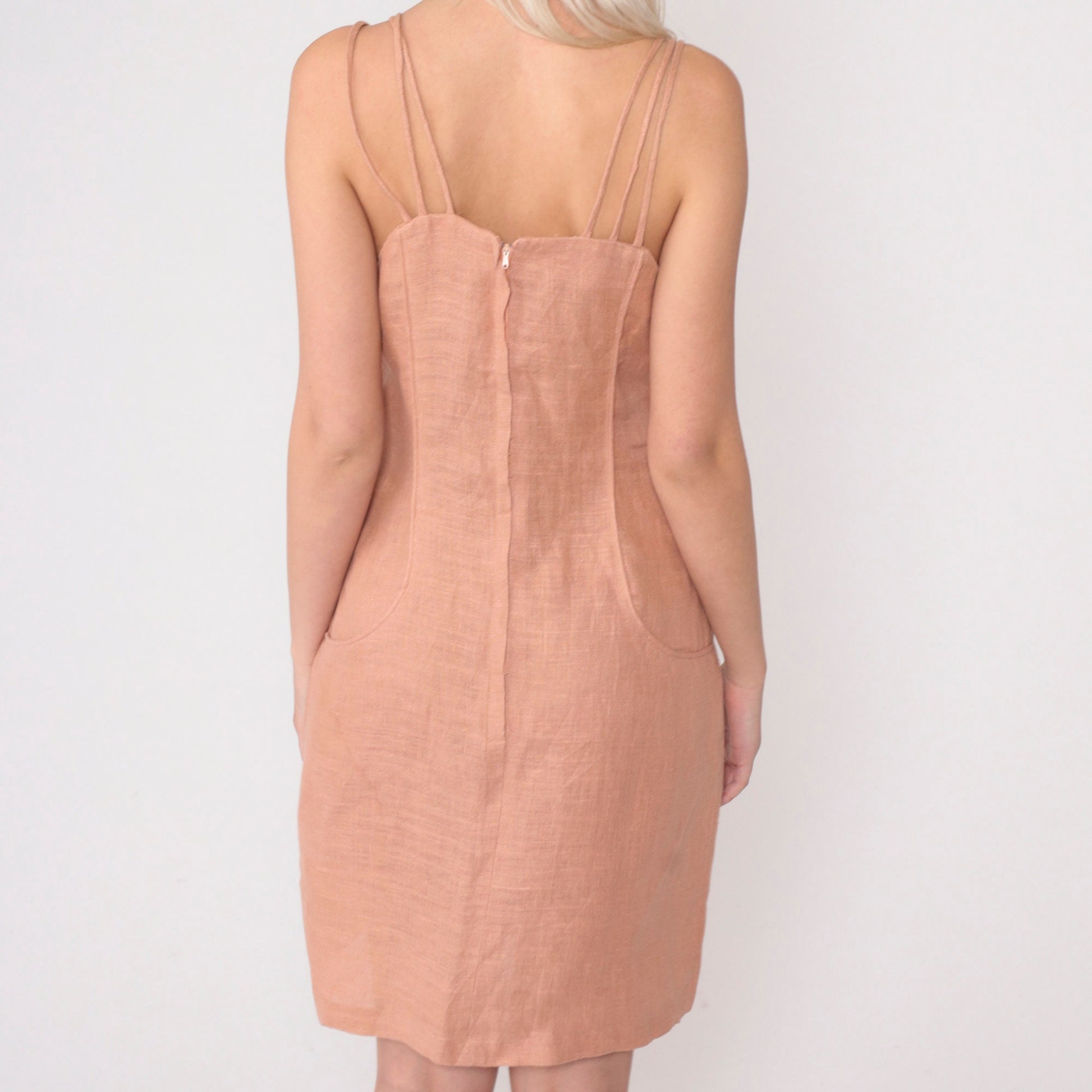 90s Muted Peach Linen Mini Dress Triple Spaghetti Strap Sheath Small