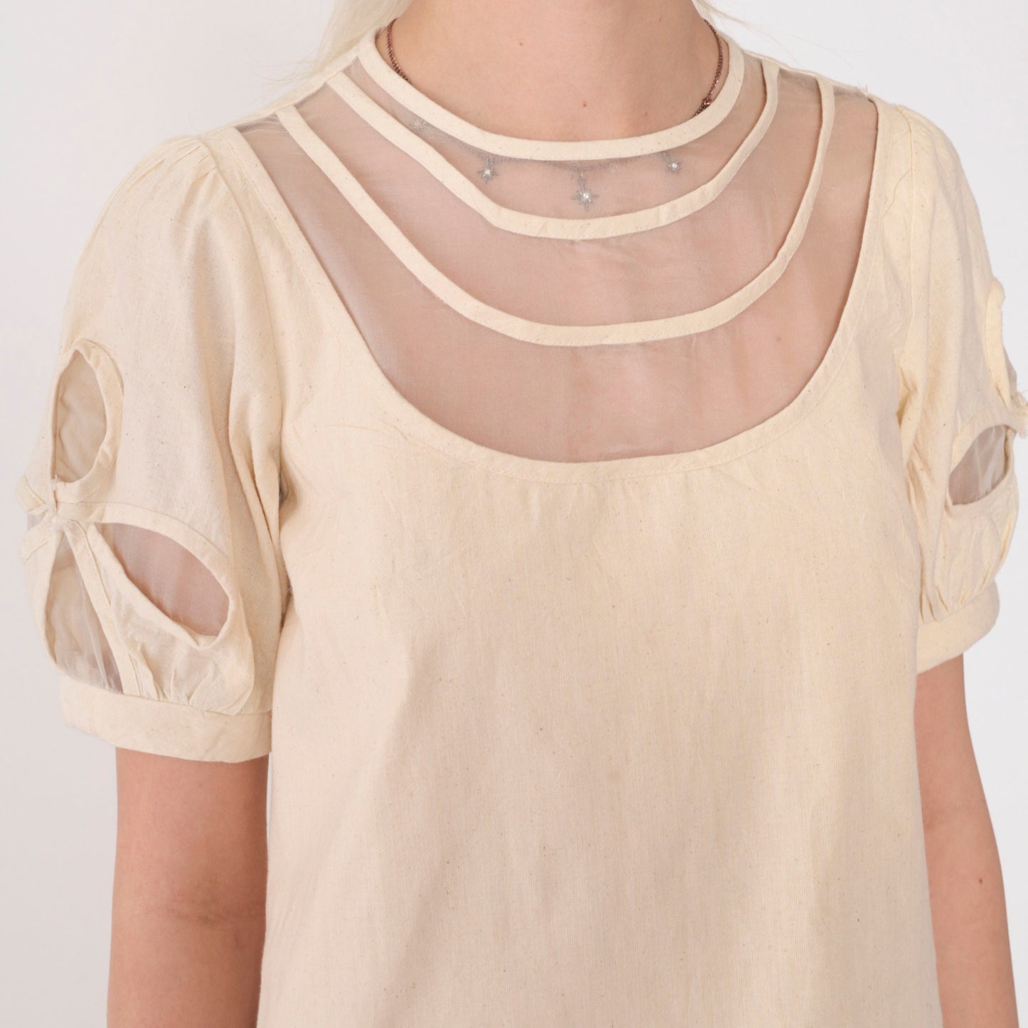00s Cream Mini Dress Mesh Puff Sleeve Cutout Illusion Neckline Small S