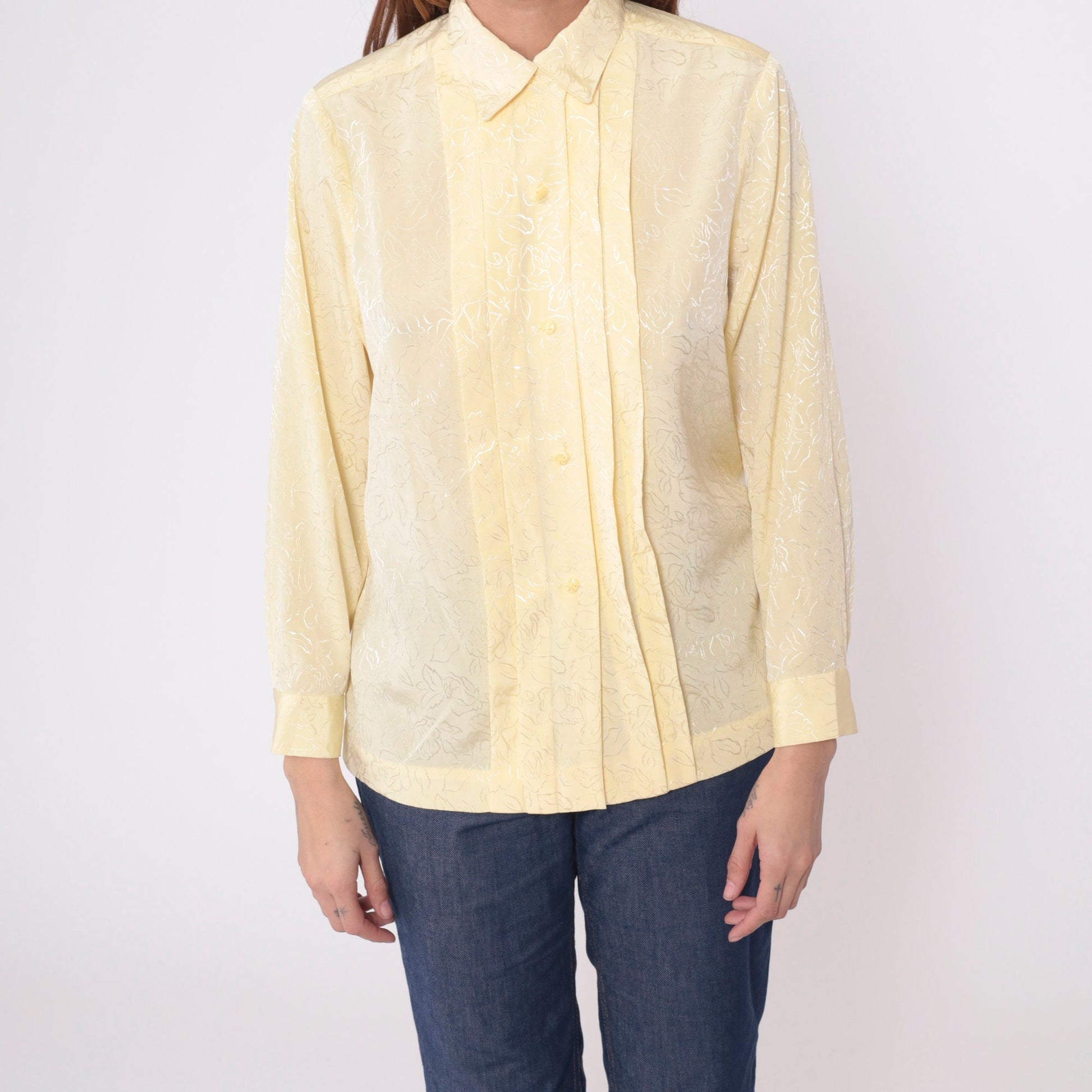 80s Yellow Floral Embossed Button-Up Blouse Long Sleeve Pleated Shirt Medium