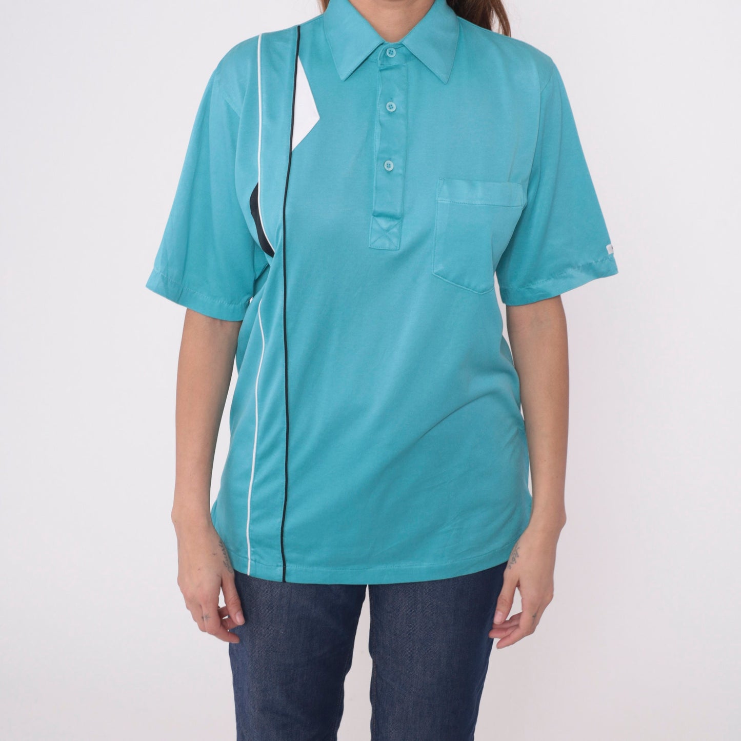90s Cougar Golf Polo Shirt Blue Geometric Piping Stripes Medium